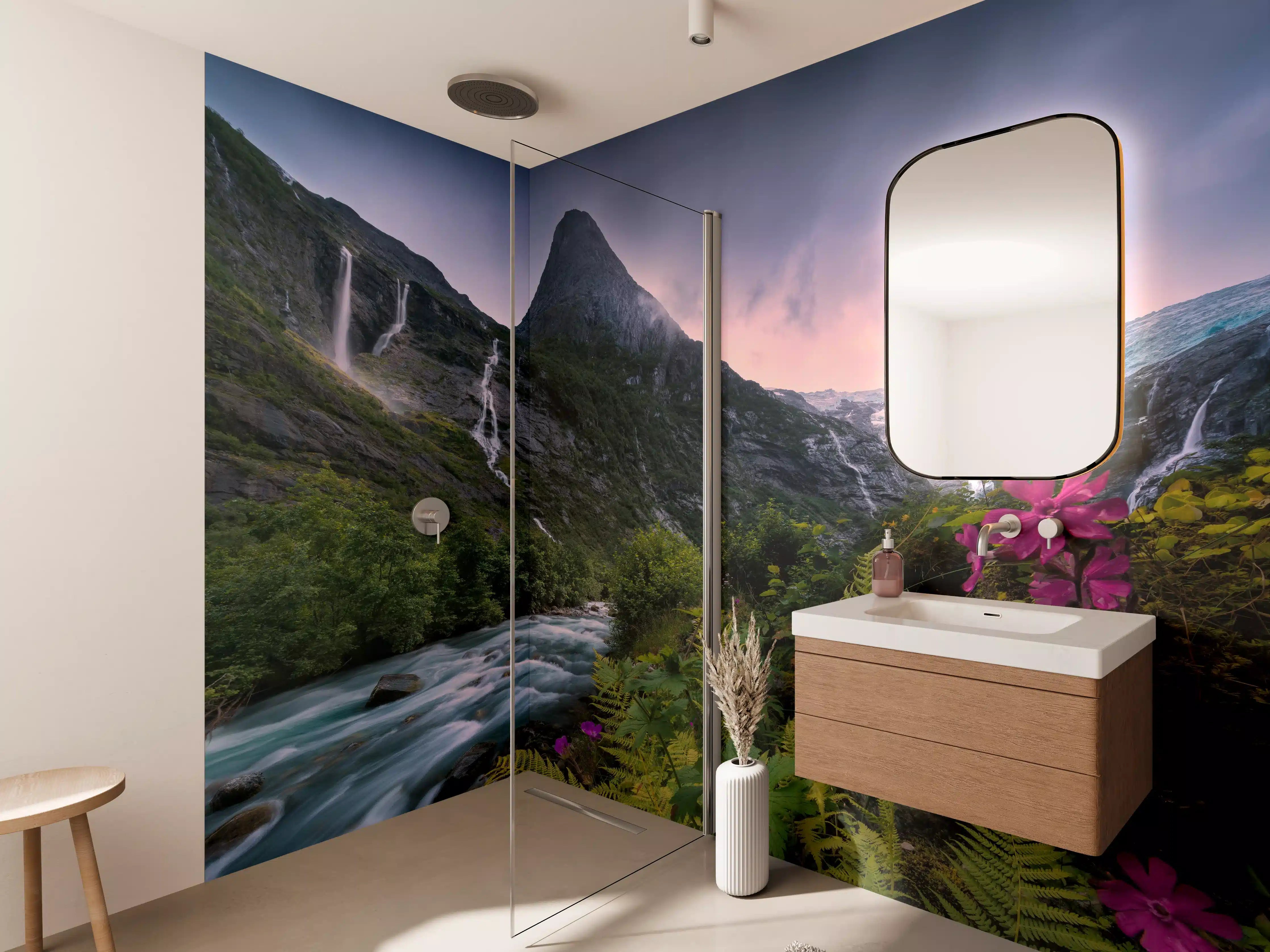Wandverkleidung Bad - Berglandschaft Norwegens mit Wasserfällen