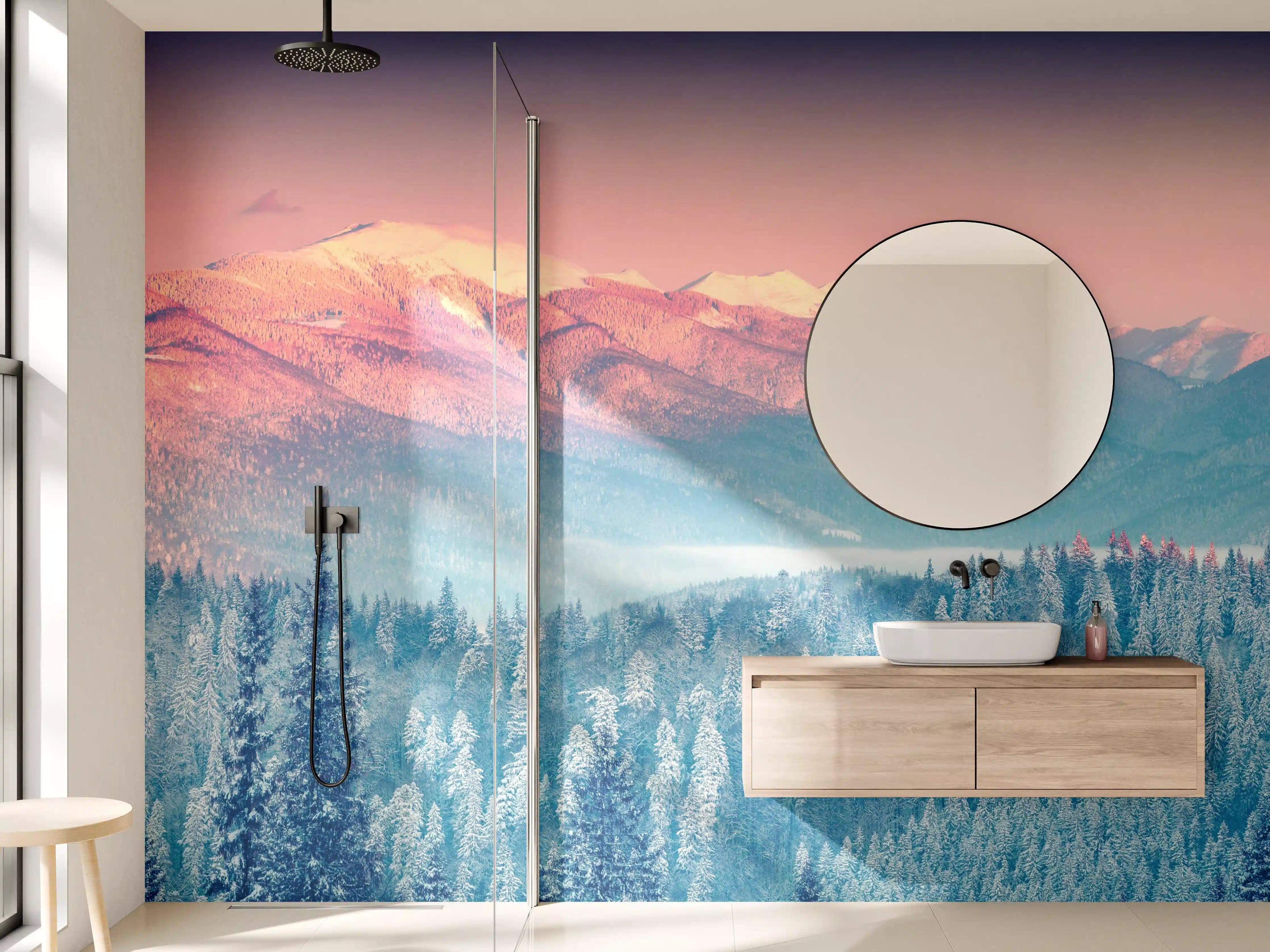 Wandverkleidung Bad - Berglandschaft im Morgenlicht mit verschneiten Gipfeln