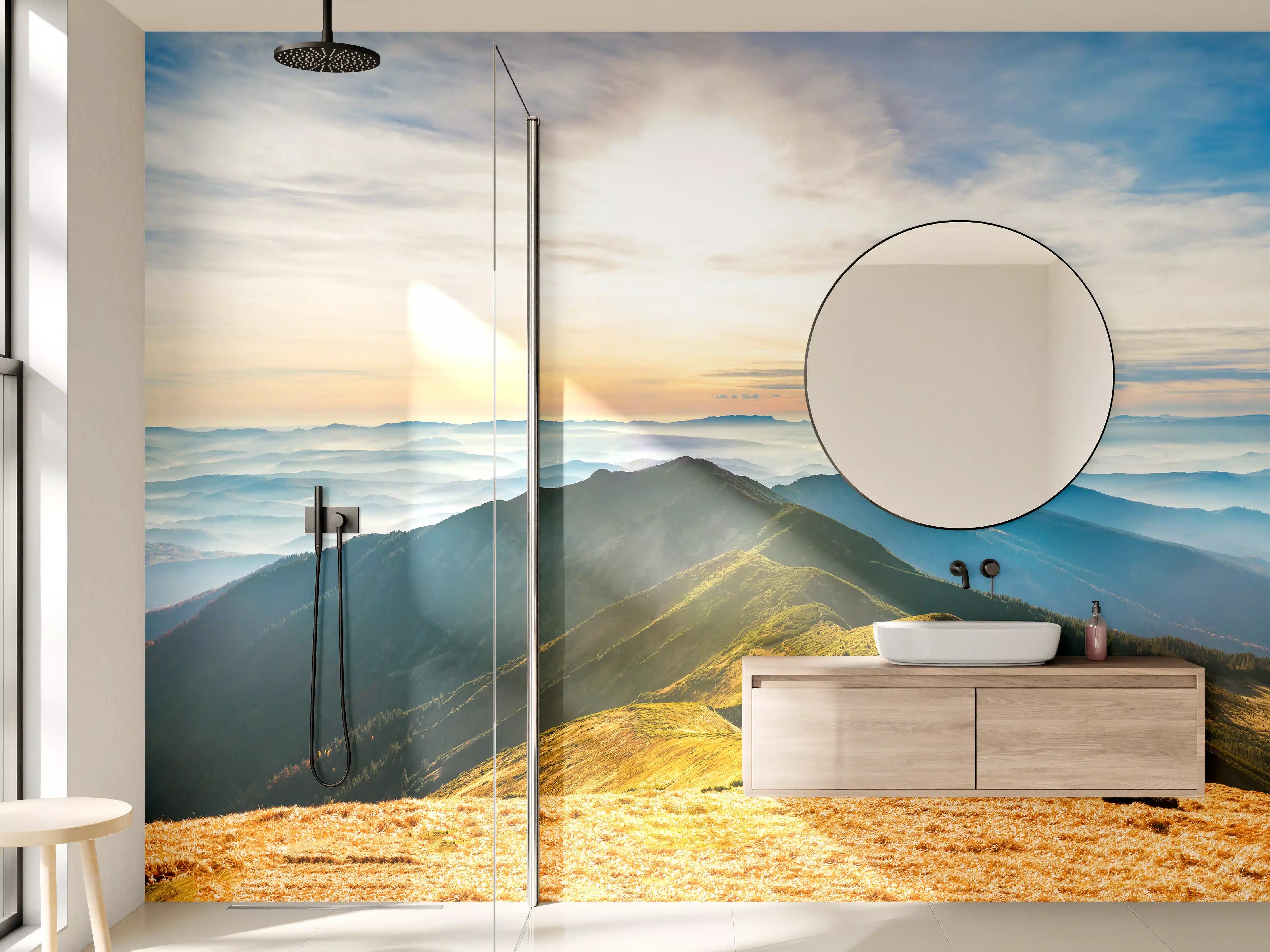Wandverkleidung Bad - Bergpanorama bei Sonnenaufgang mit Blauen Wolken