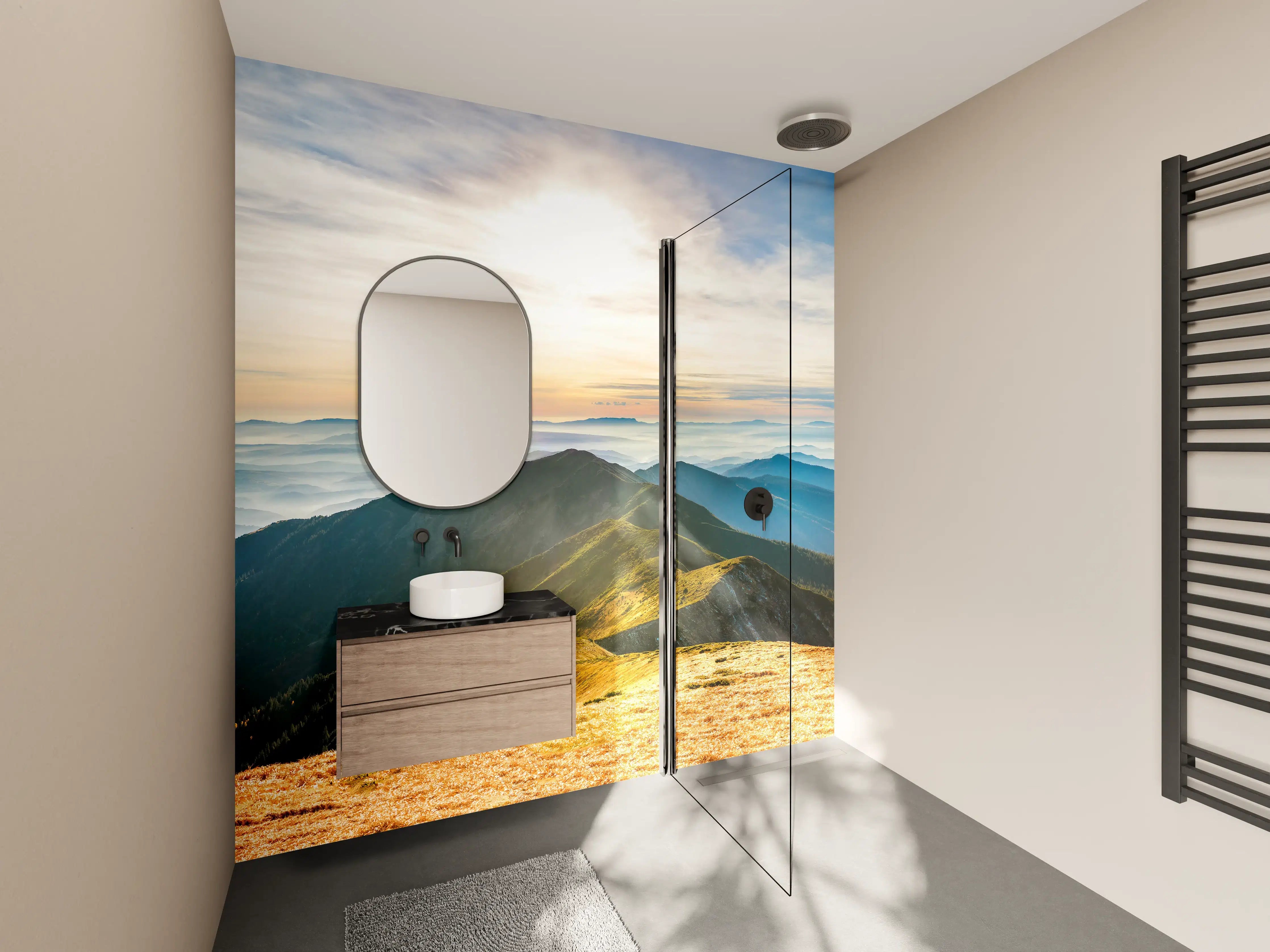 Wandverkleidung Bad - Bergpanorama bei Sonnenaufgang mit Blauen Wolken