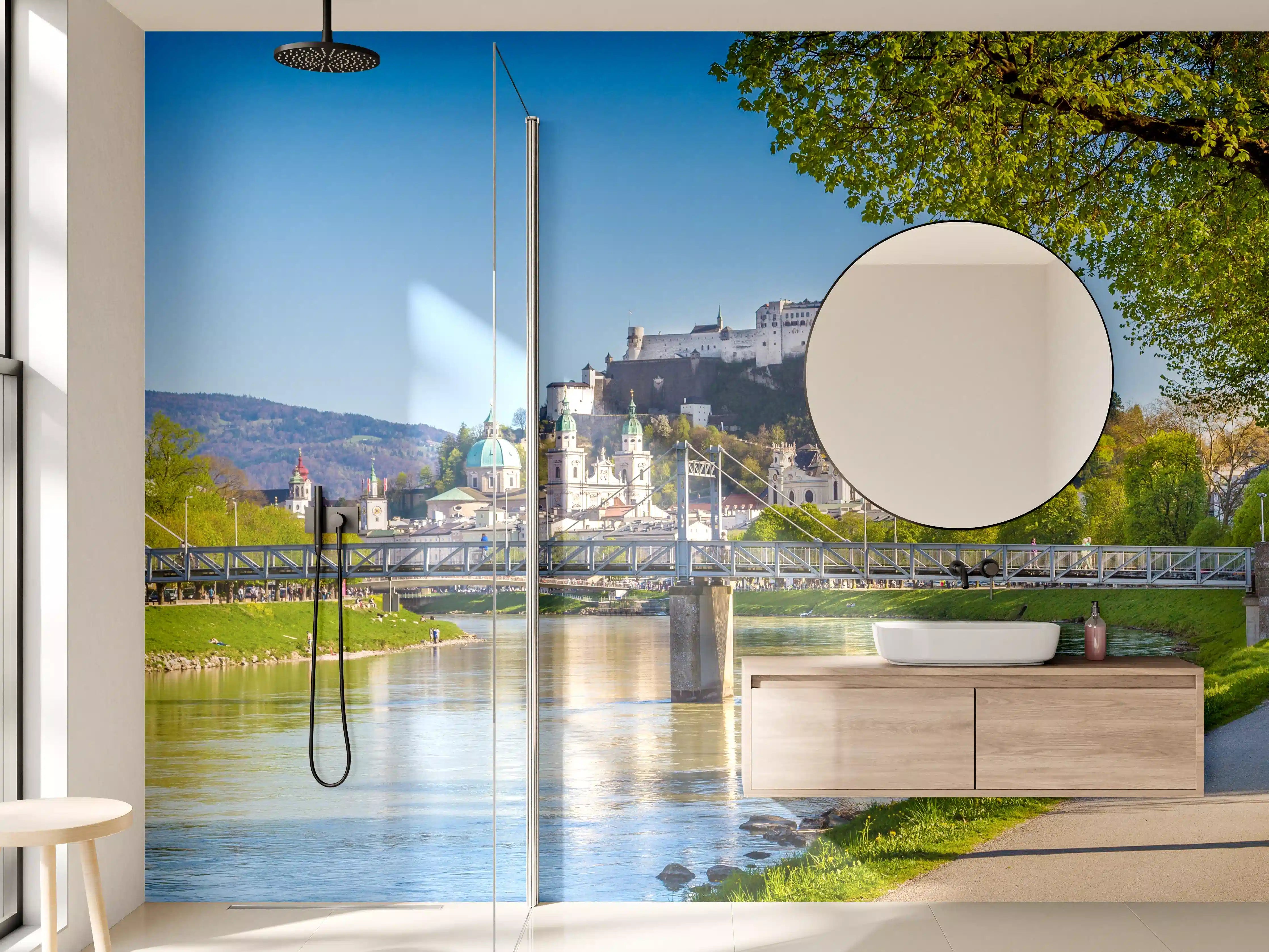 Wandverkleidung Bad - Bergruine mit Fluss und Stadtpanorama im Frühling
