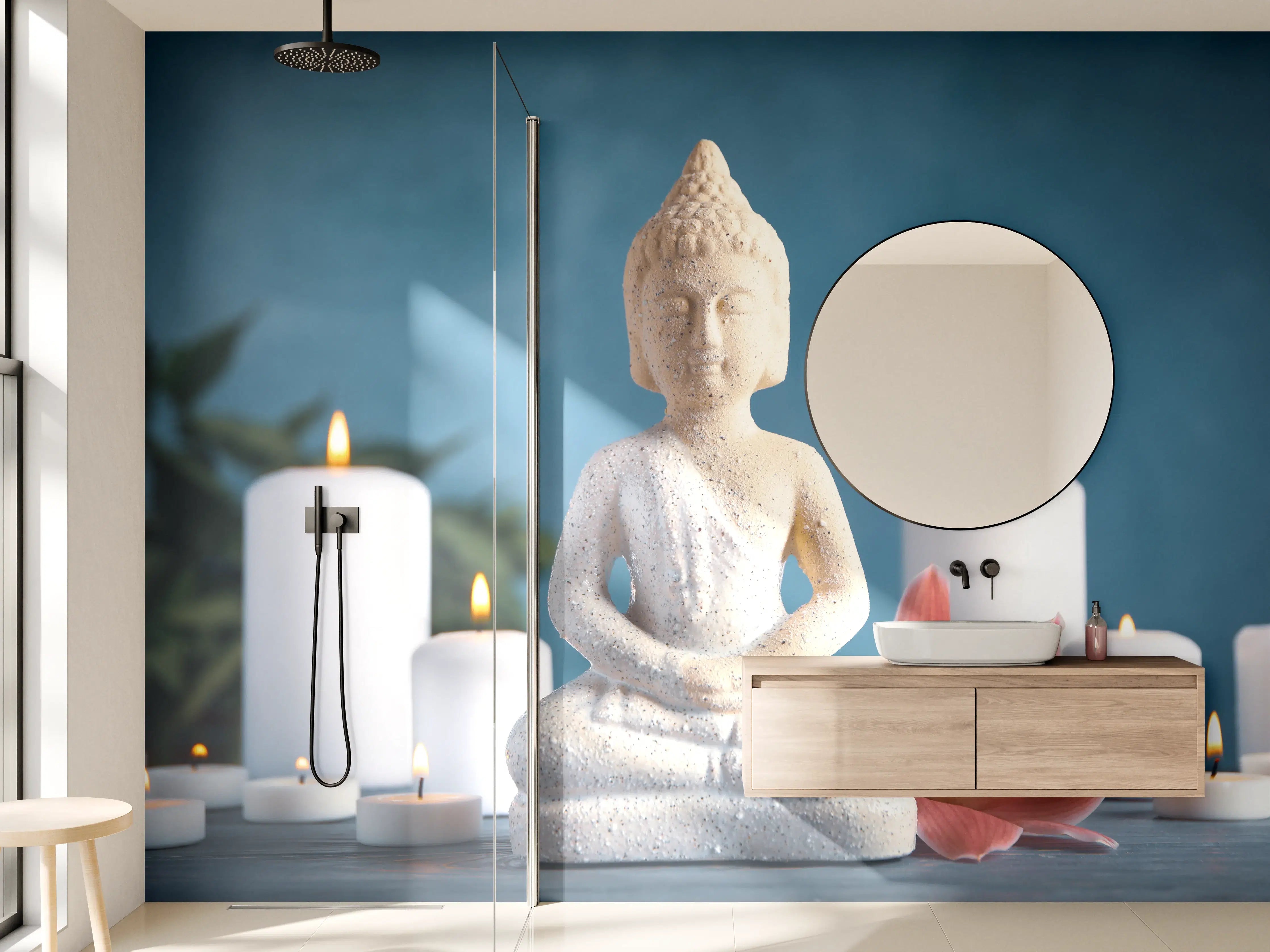 Wandverkleidung Bad - Beruhigender Buddha mit Kerzen und Blüten