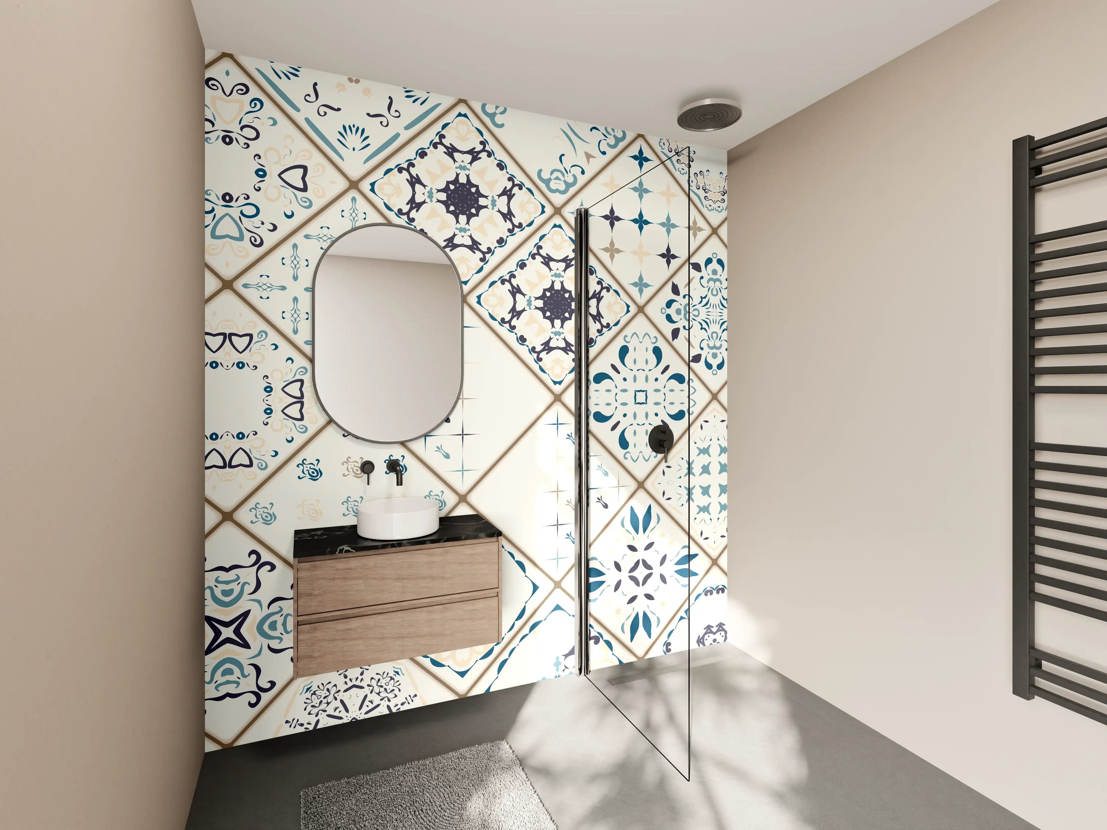 Wandverkleidung Bad - Blau-Beige Retro Fliesendesign