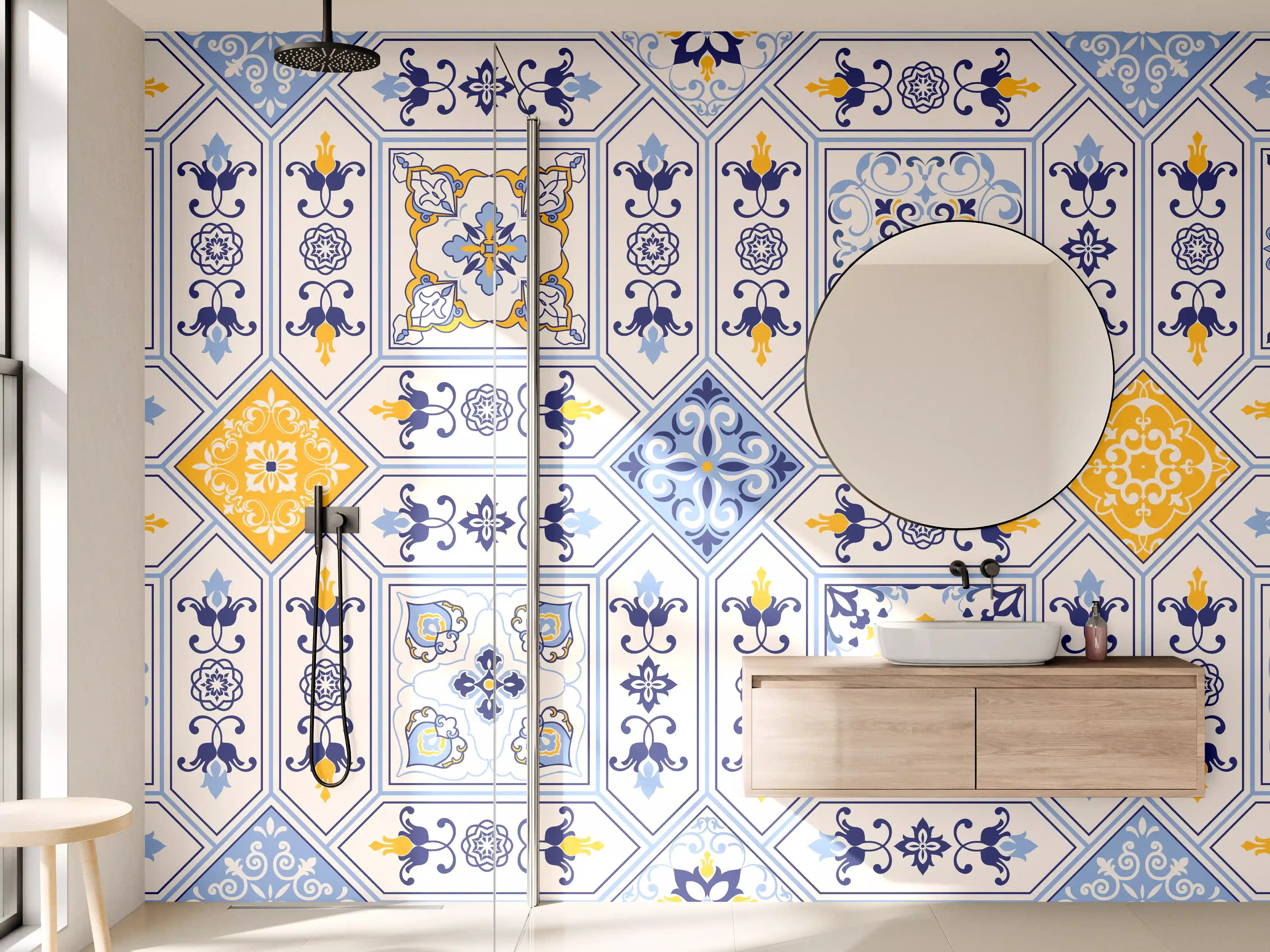 Wandverkleidung Bad - Blau-Gelbe Fliesenmuster