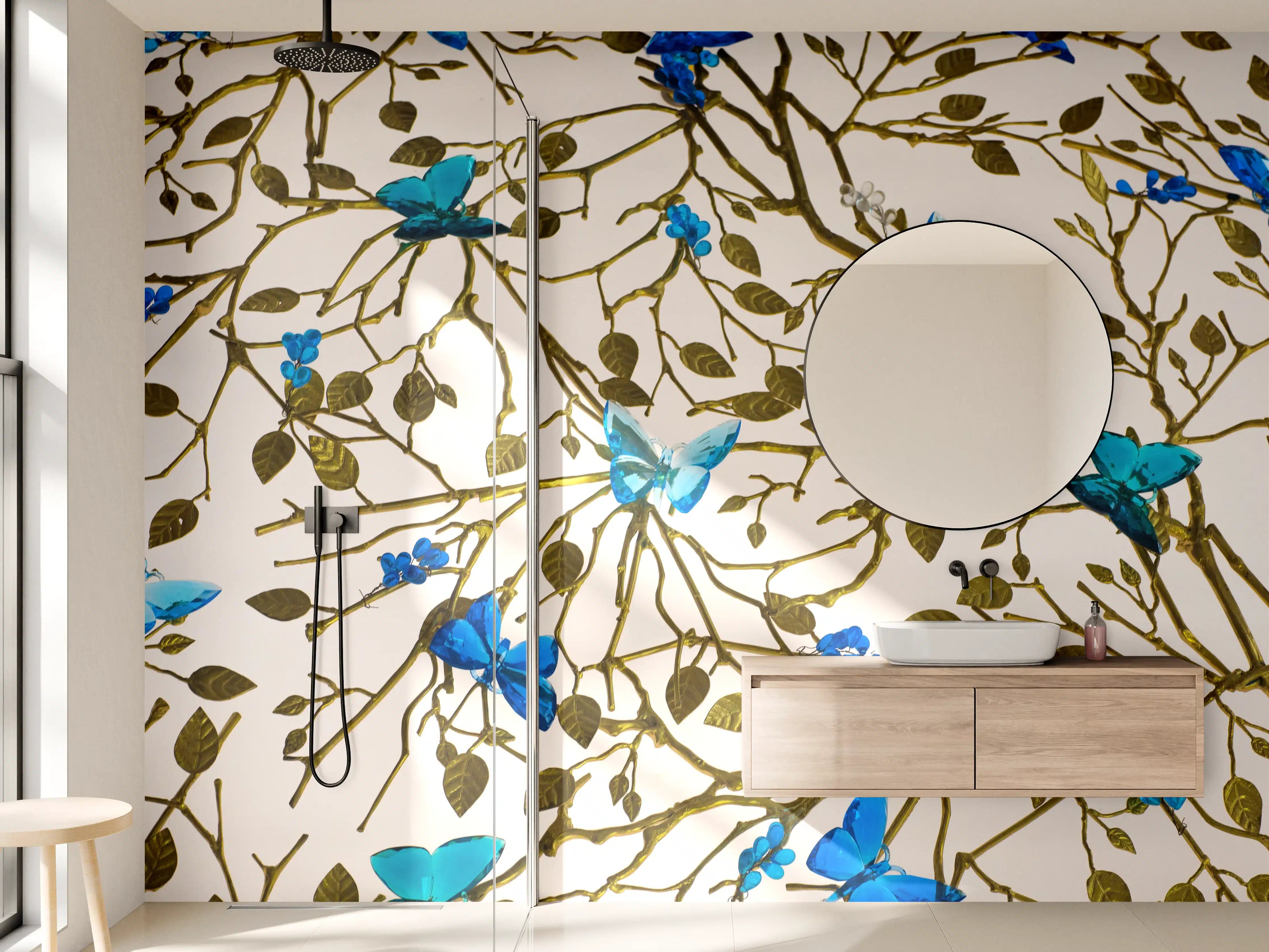 Wandverkleidung Bad - Blau-Goldenes Blumenmuster