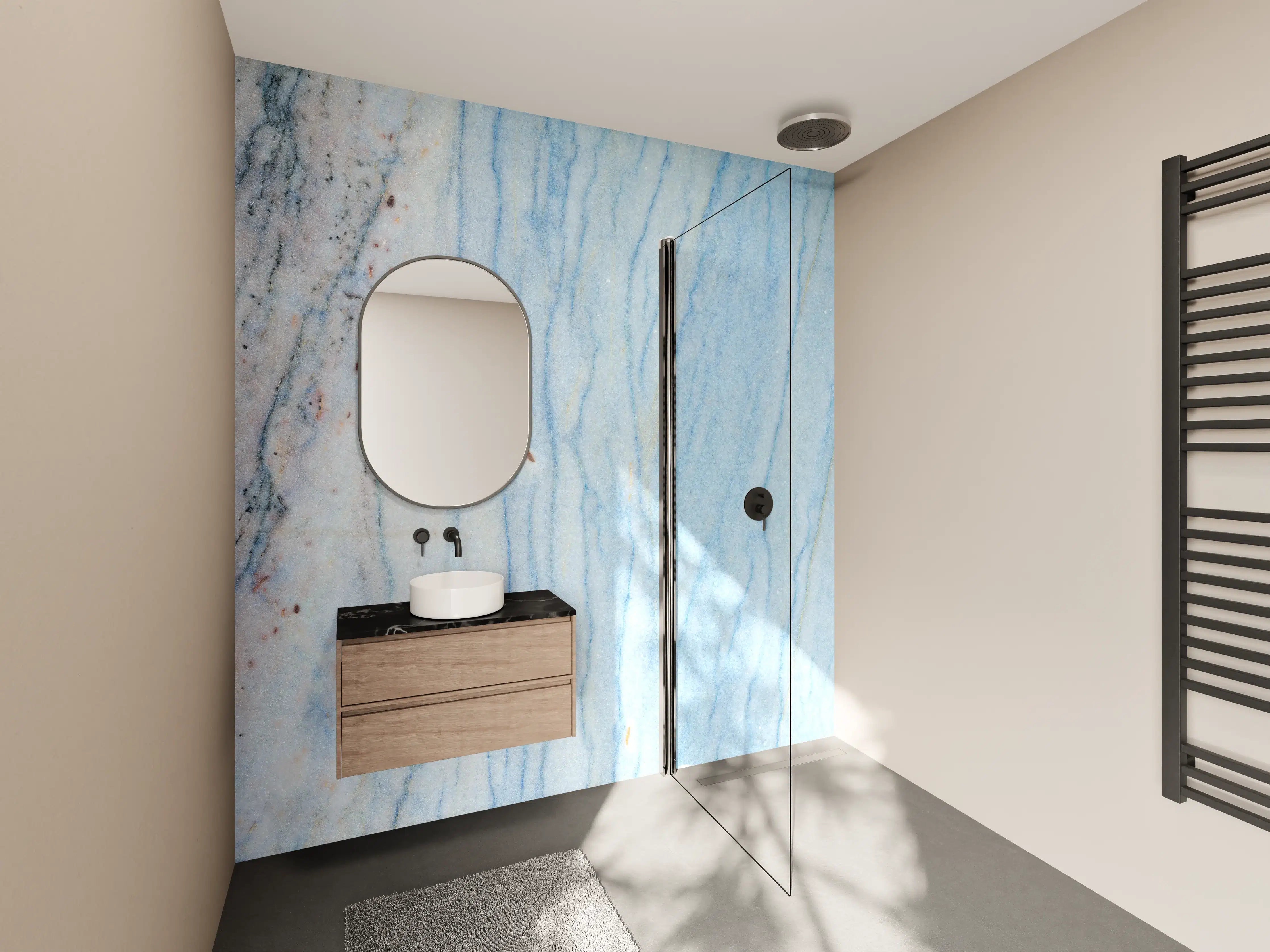 Wandverkleidung Bad - Blau-Weiße Marmor-Textur mit natürlicher Maserung