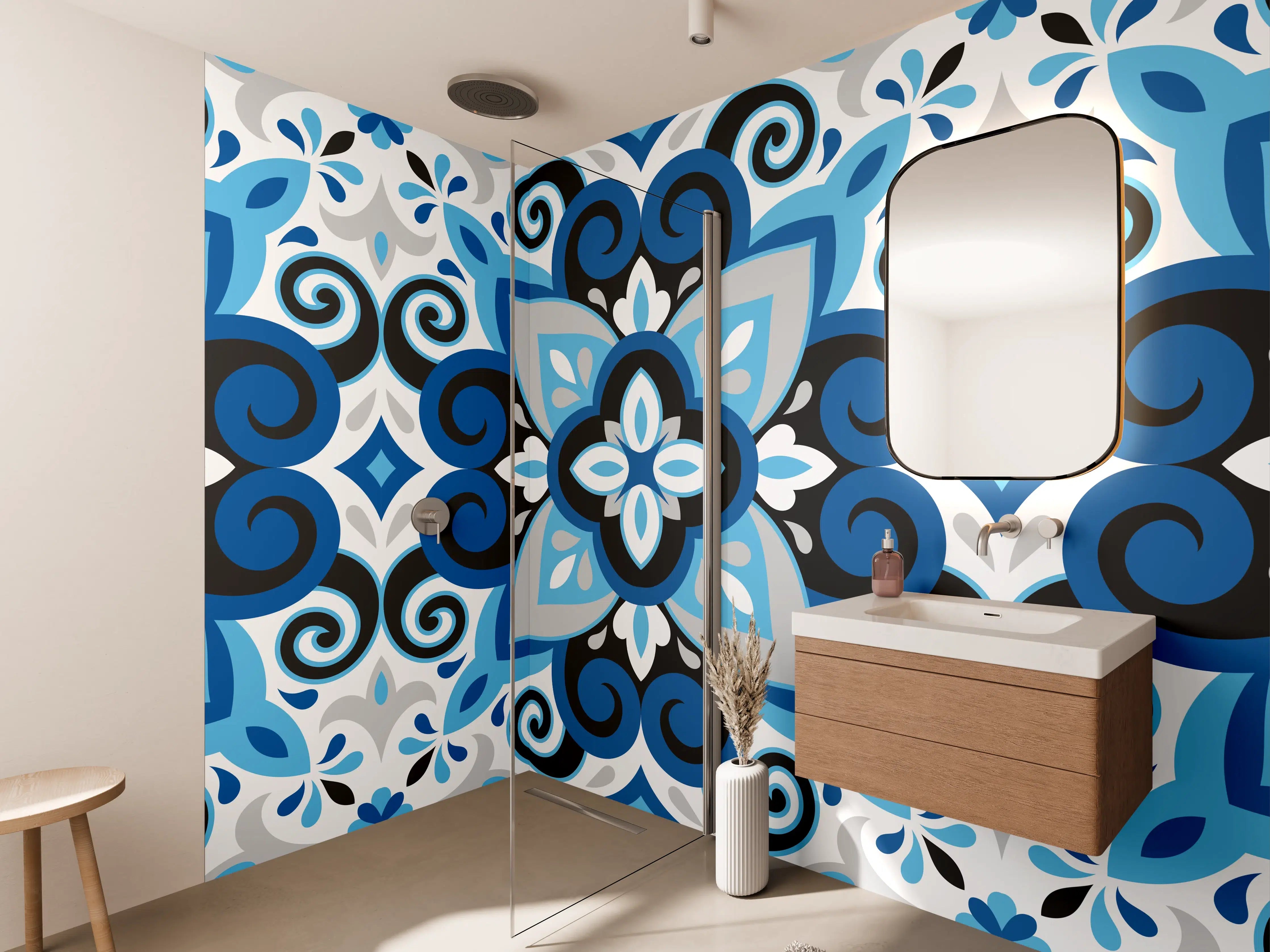 Wandverkleidung Bad - Blau-Weißes Mandala Fliesenmuster