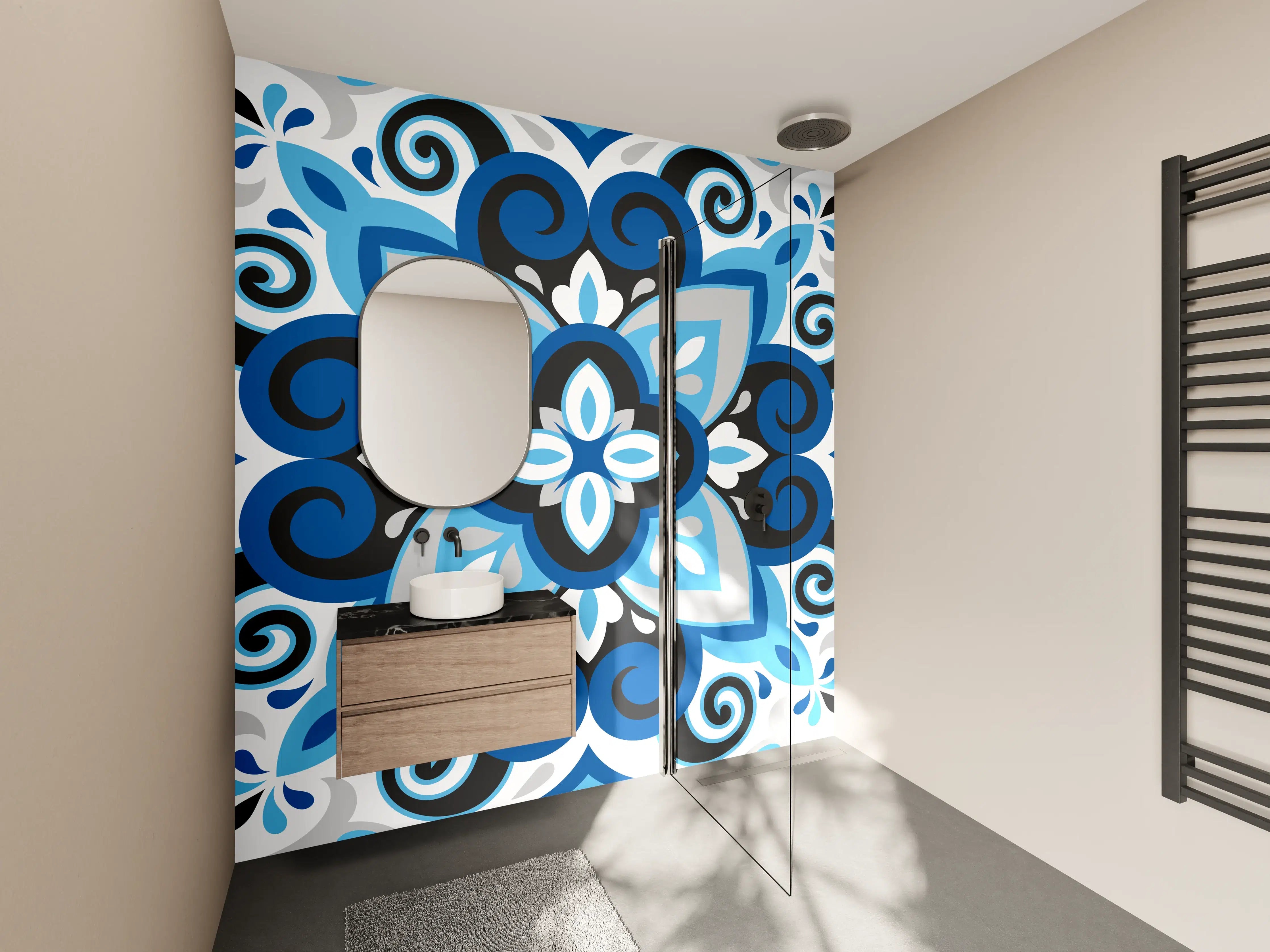 Wandverkleidung Bad - Blau-Weißes Mandala Fliesenmuster