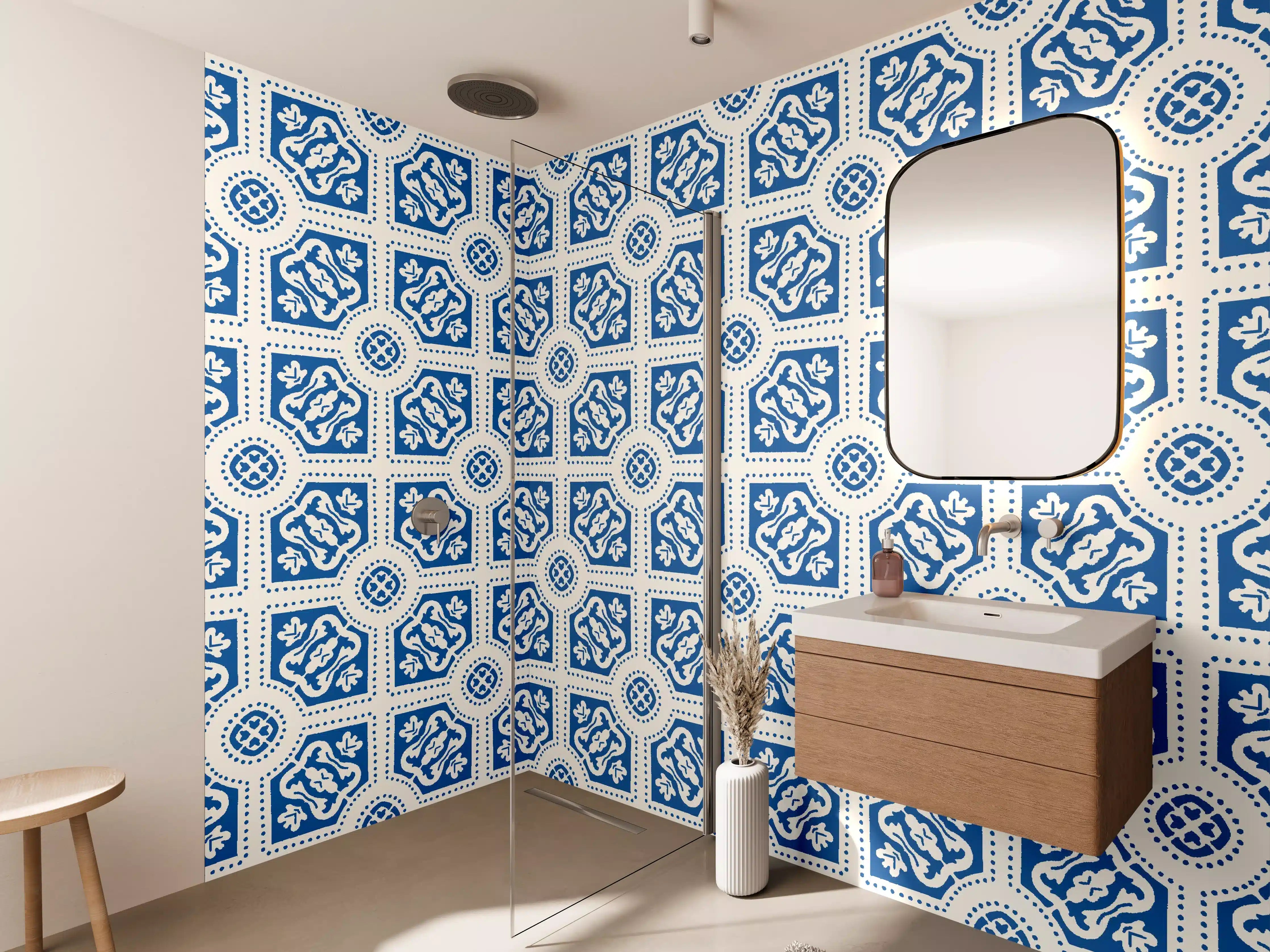 Wandverkleidung Bad - Blau-Weißes geometrisches Muster mit zarten Grautönen