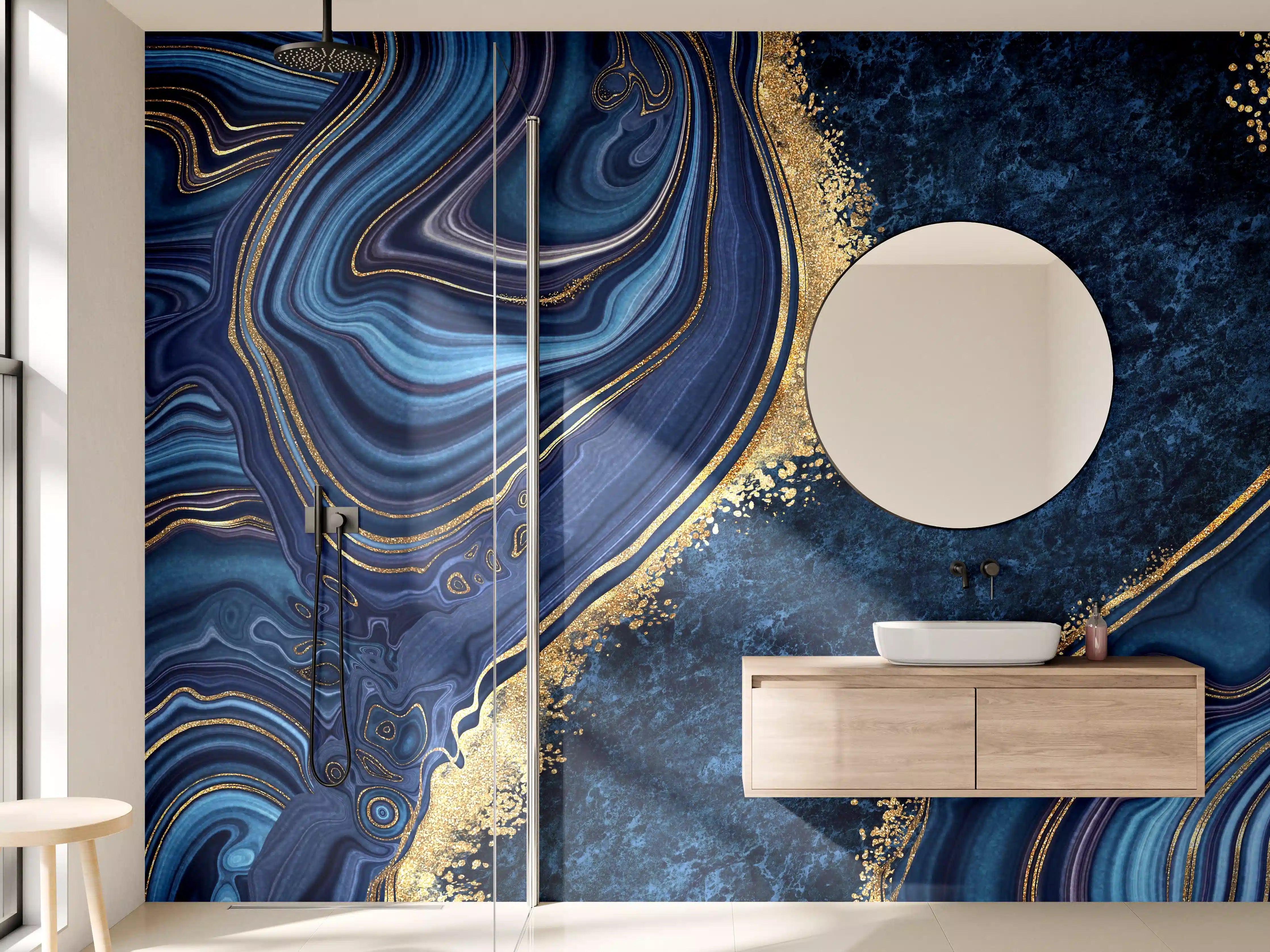 Wandverkleidung Bad - Blau goldenes Mosaik Design aus Marmor