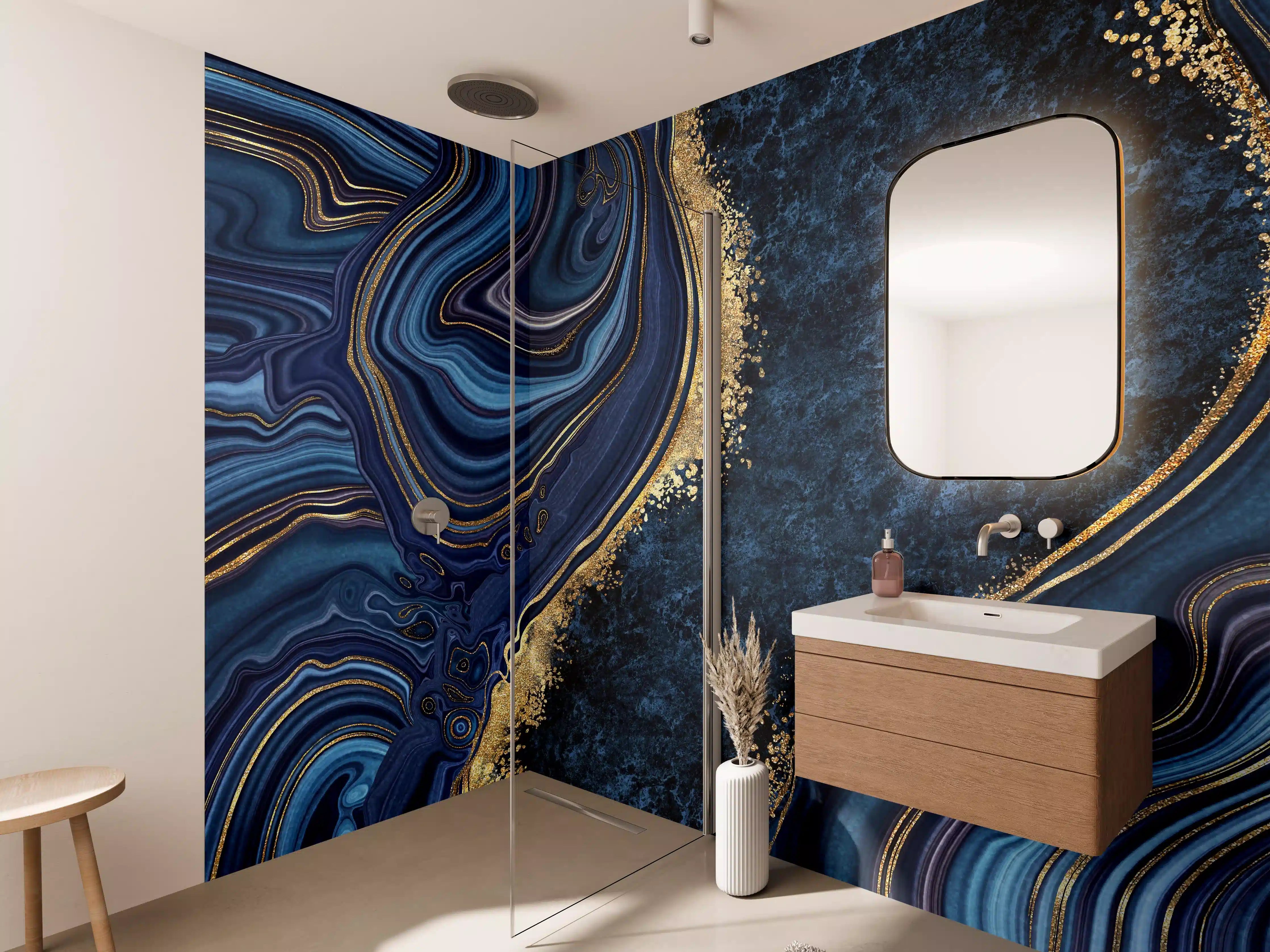 Wandverkleidung Bad - Blau goldenes Mosaik Design aus Marmor