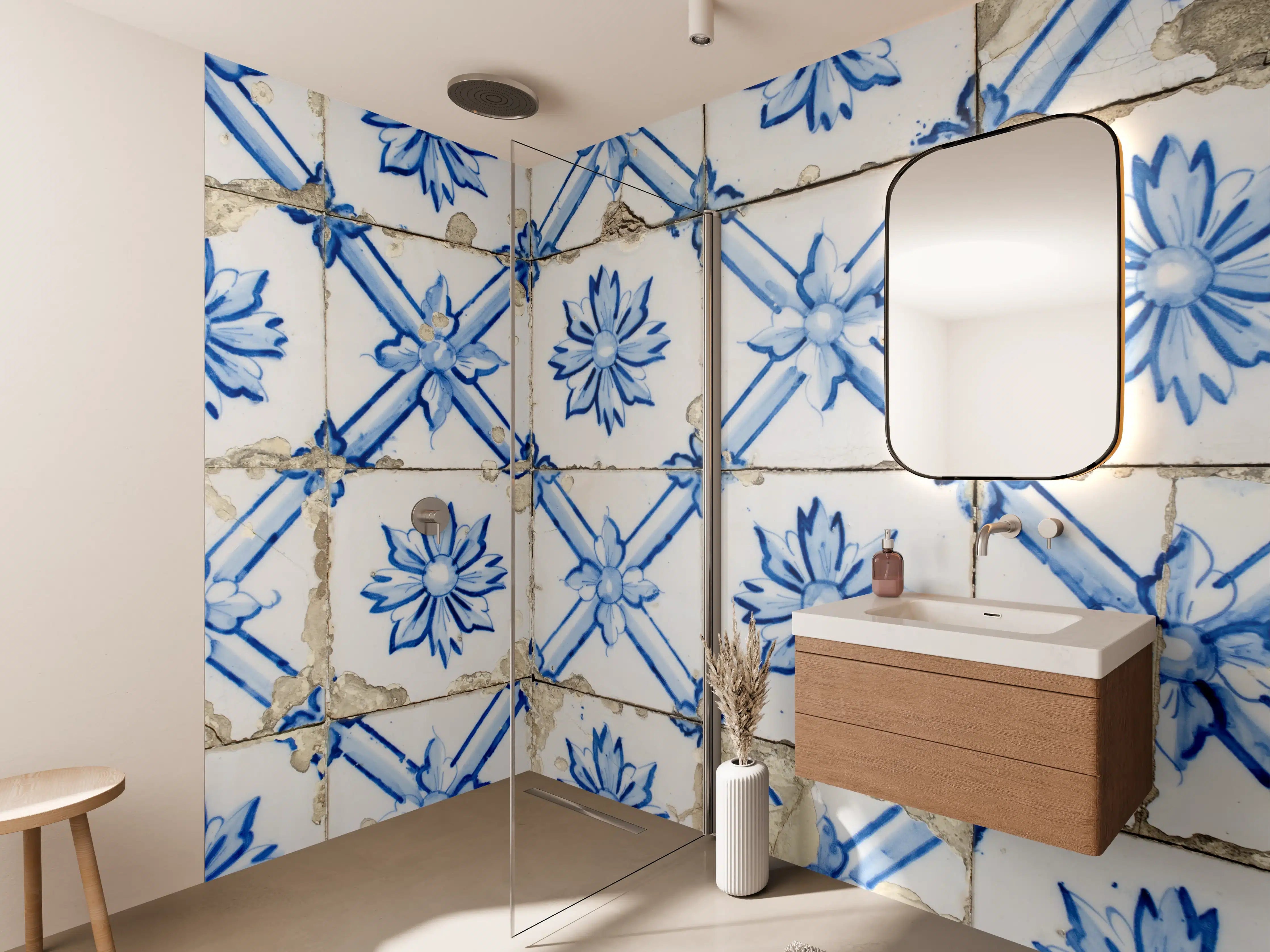 Wandverkleidung Bad - Blau-weiße Fliesentapete mit Blumenmuster