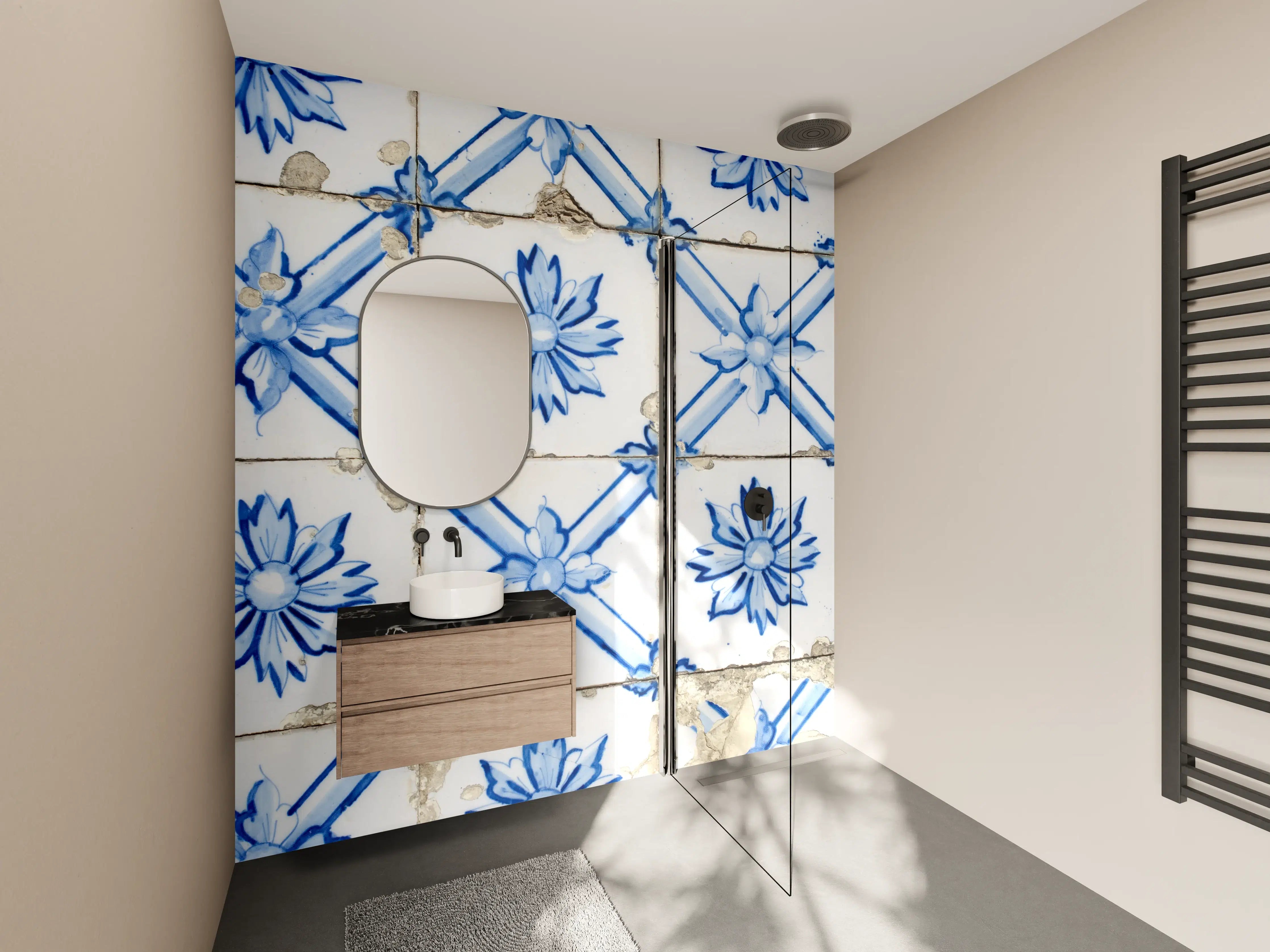 Wandverkleidung Bad - Blau-weiße Fliesentapete mit Blumenmuster