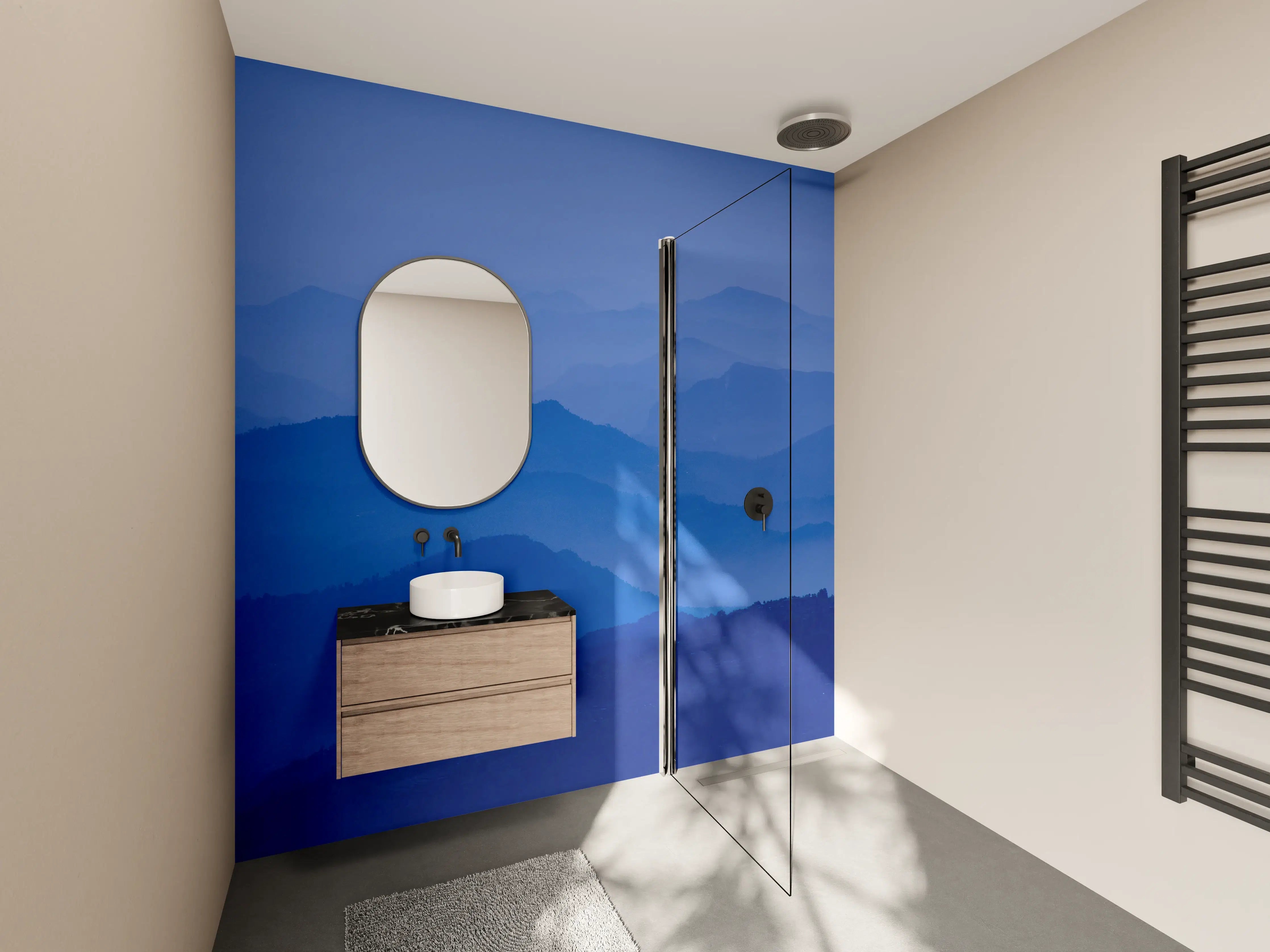 Wandverkleidung Bad - Blaue Bergansicht mit Nebel