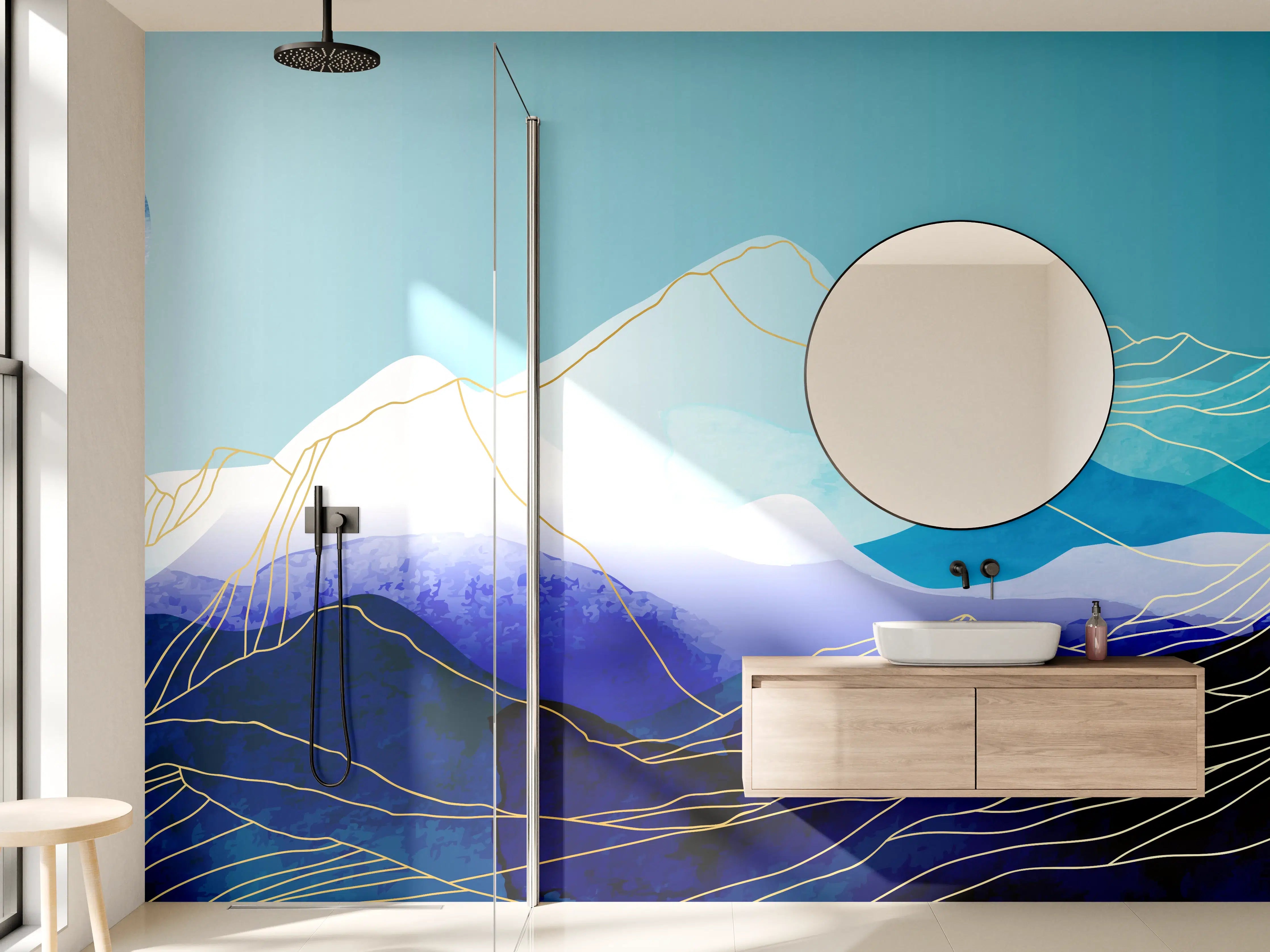 Wandverkleidung Bad - Blaue Berge Aquarell Illustration