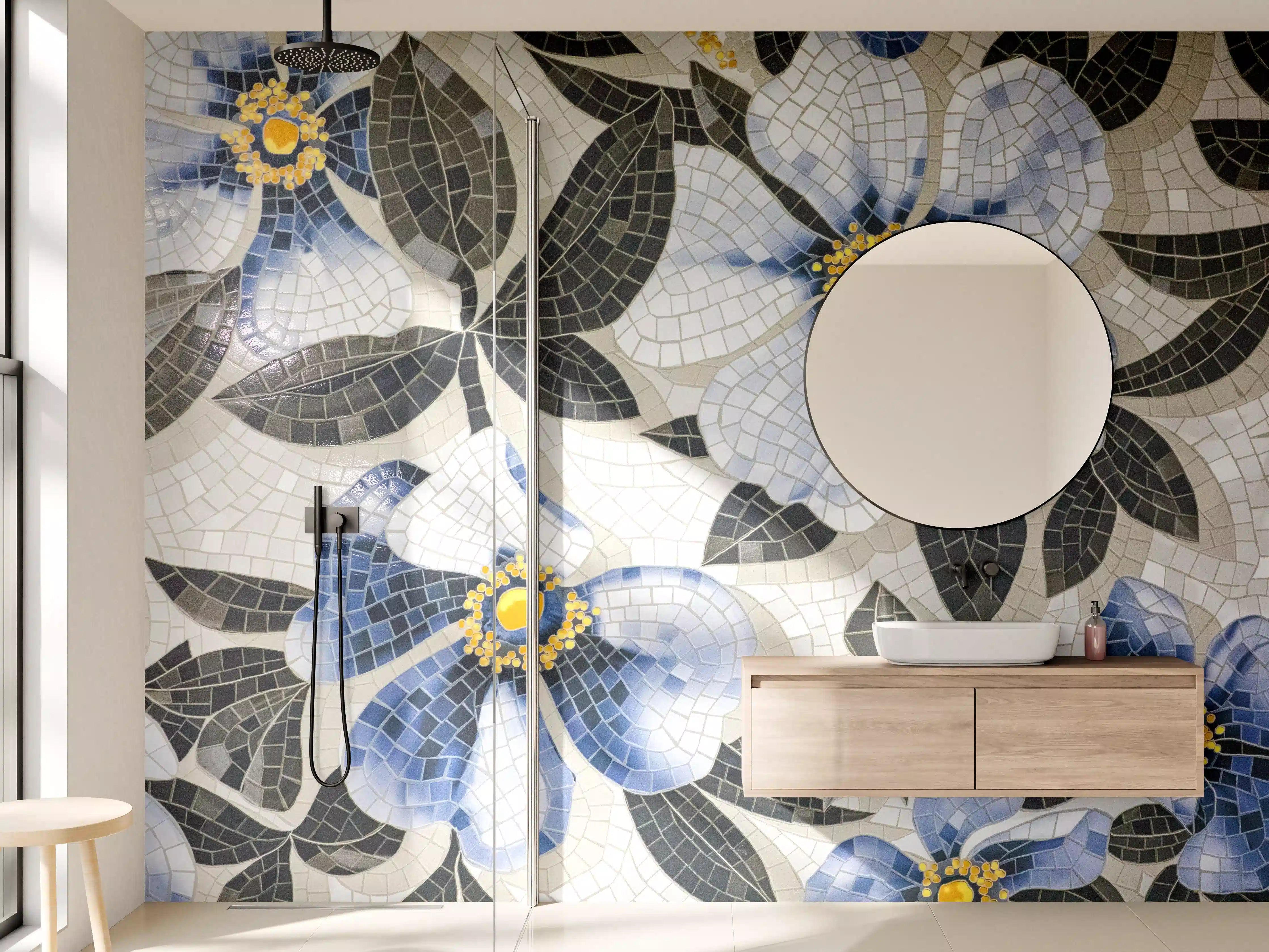 Wandverkleidung Bad - Blaue Blumen Mosaikfliesen