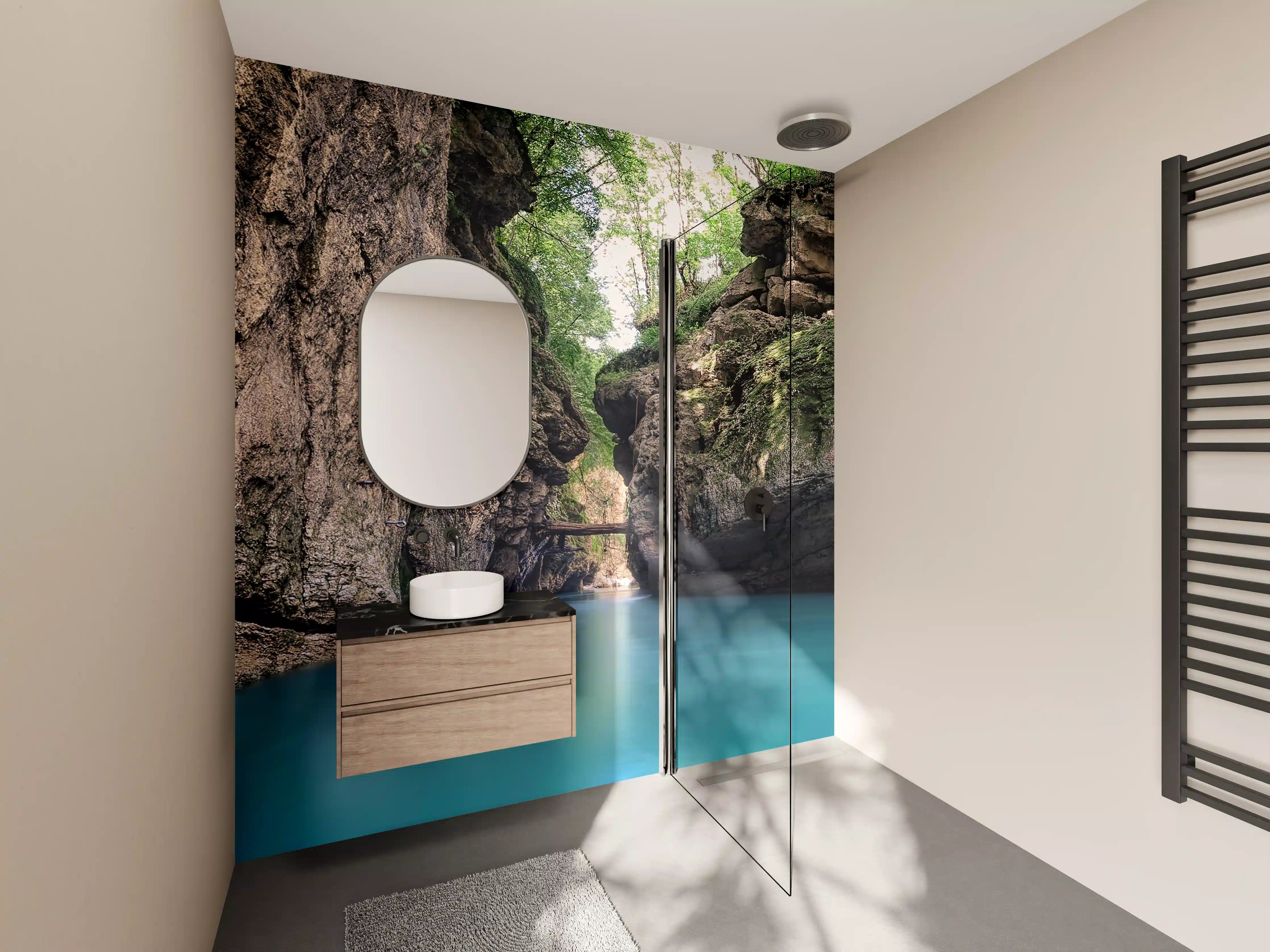 Wandverkleidung Bad - Blaue Flussdurchquerung in enger Schlucht