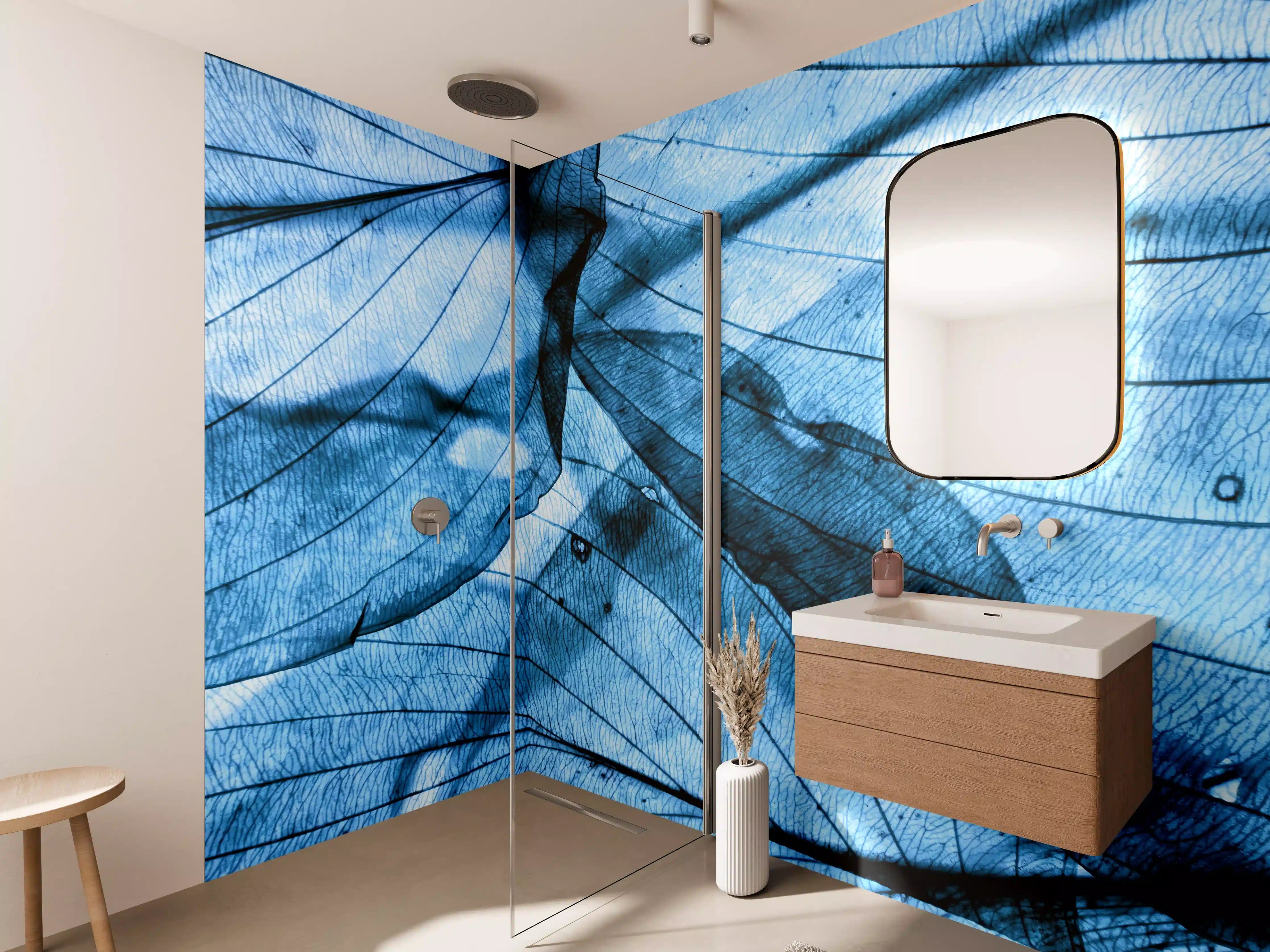 Wandverkleidung Bad - Blaue Herbstlaub-Makrotextur