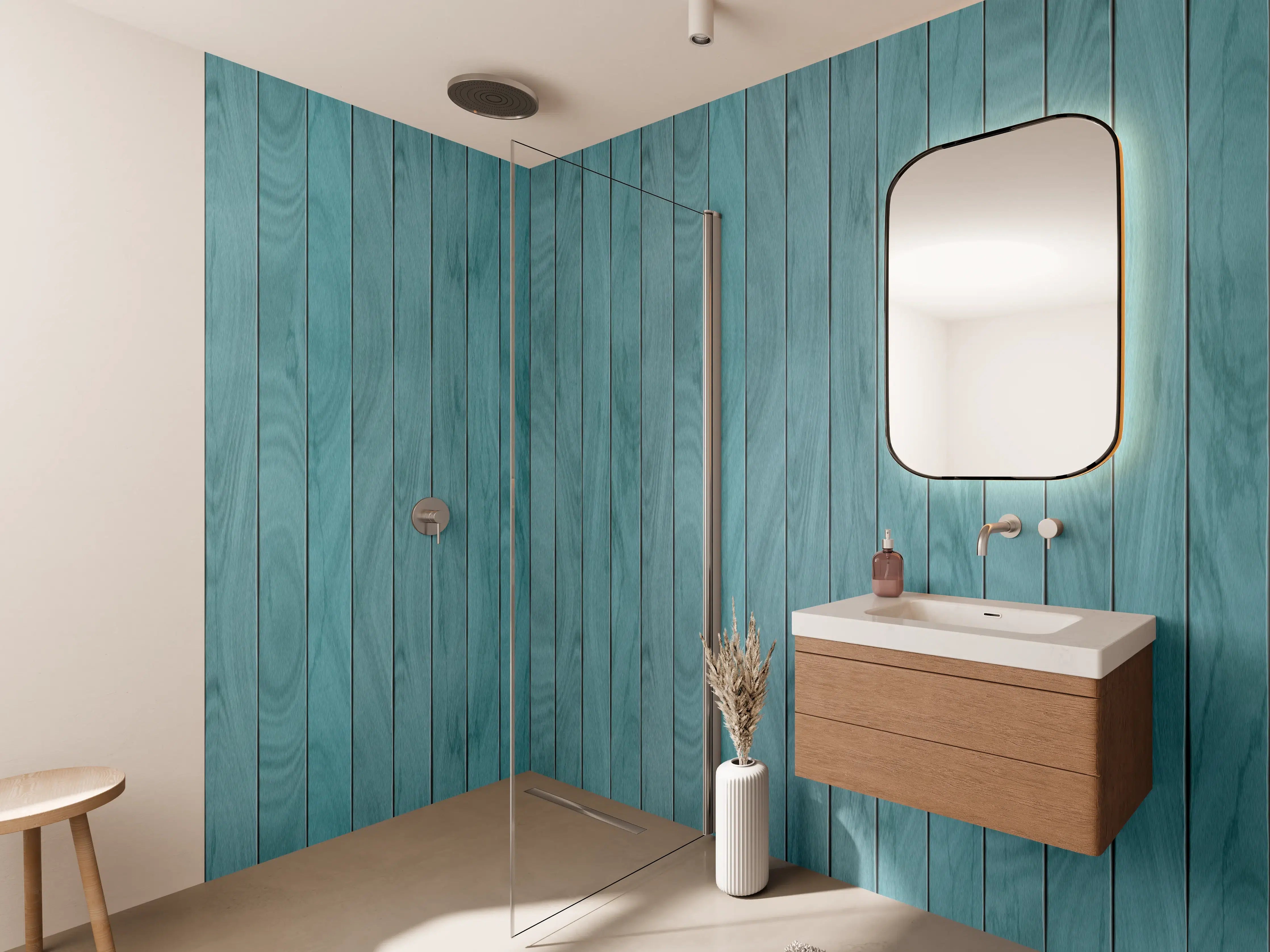 Wandverkleidung Bad - Blaue Holzpaneele mit strukturierter Oberfläche
