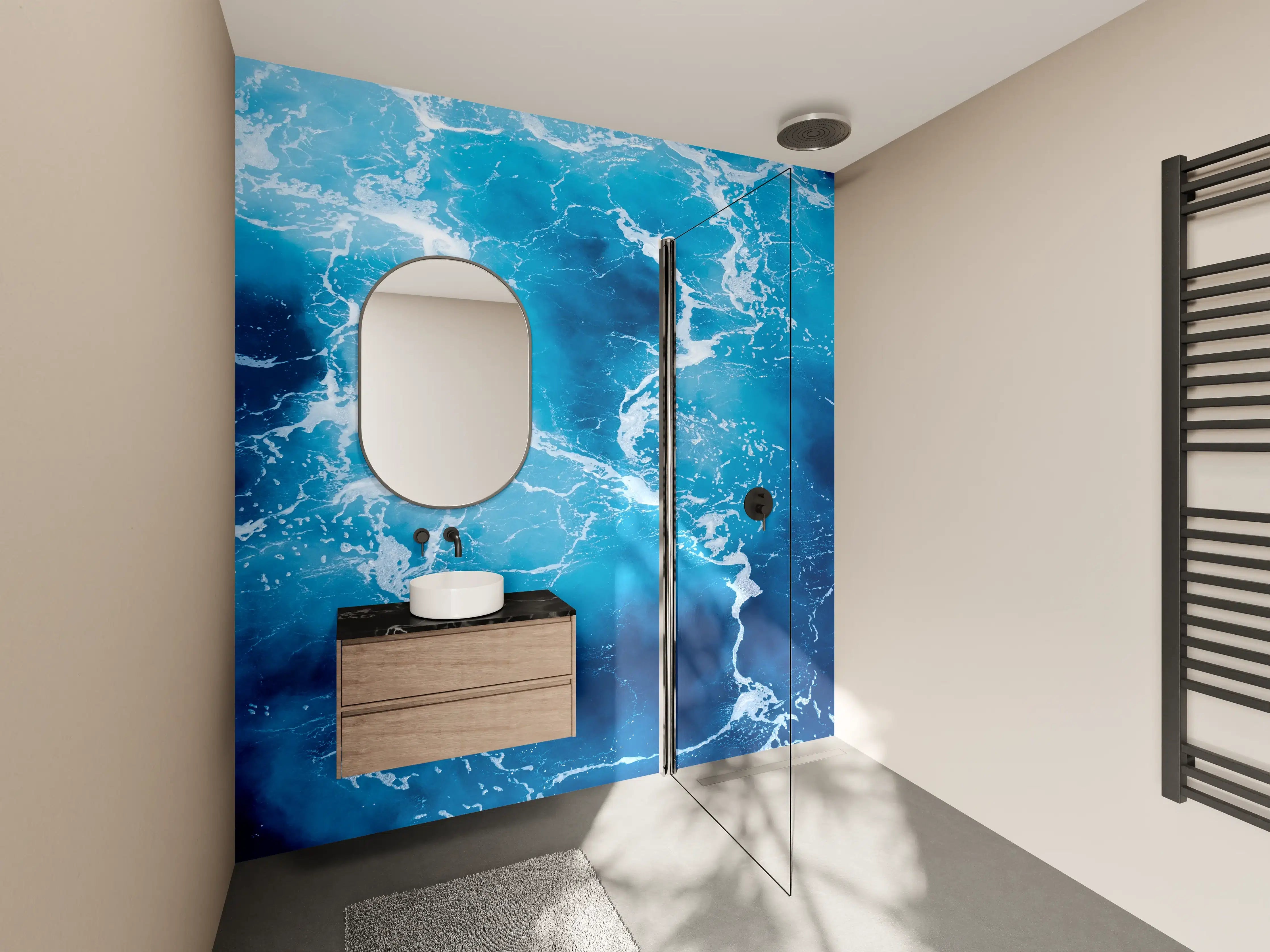 Wandverkleidung Bad - Blaue Meereswellen mit weißem Schaum