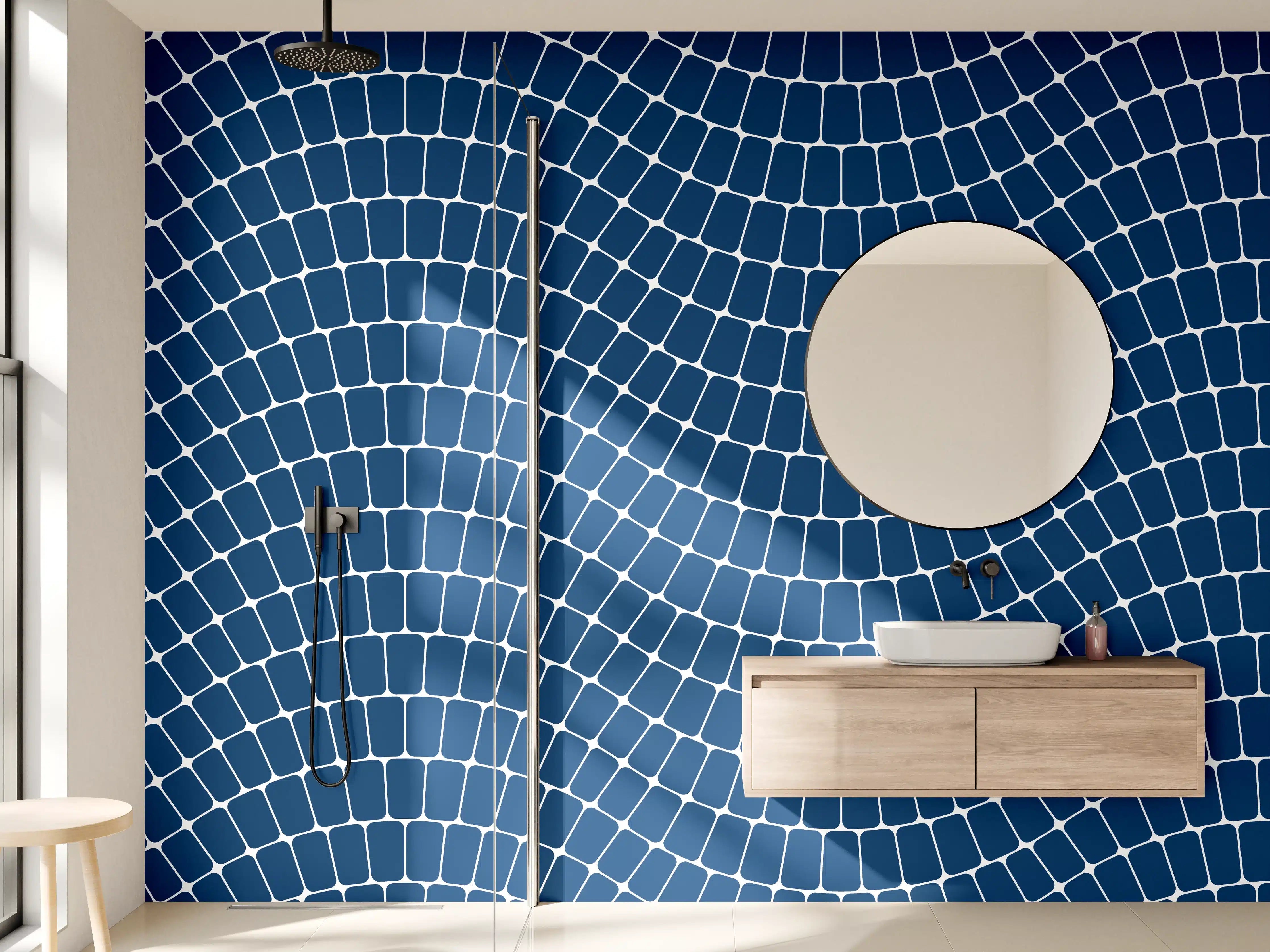 Wandverkleidung Bad - Blaue Mosaikmuster mit geometrischer Struktur