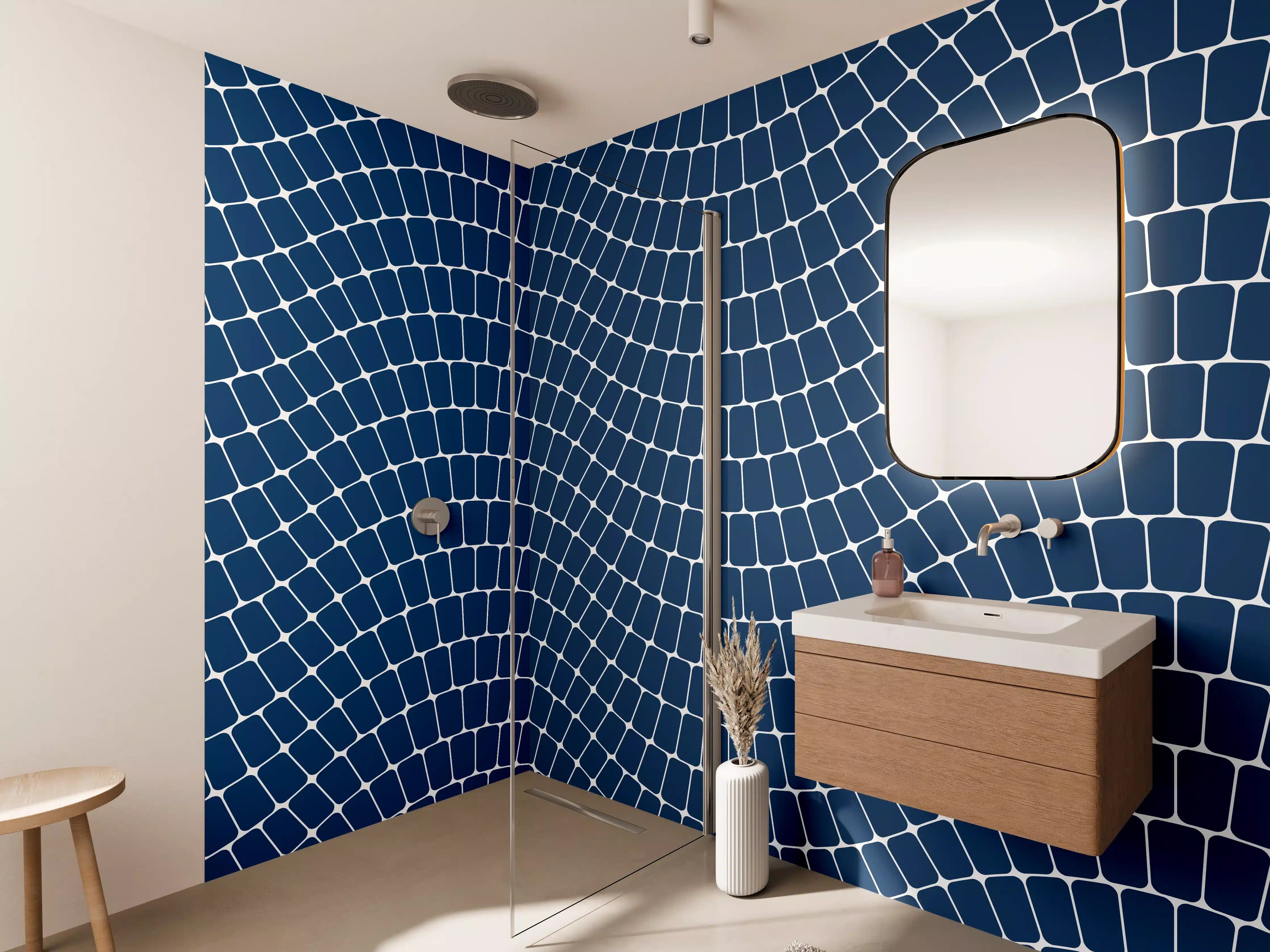 Wandverkleidung Bad - Blaue Mosaikmuster mit geometrischer Struktur