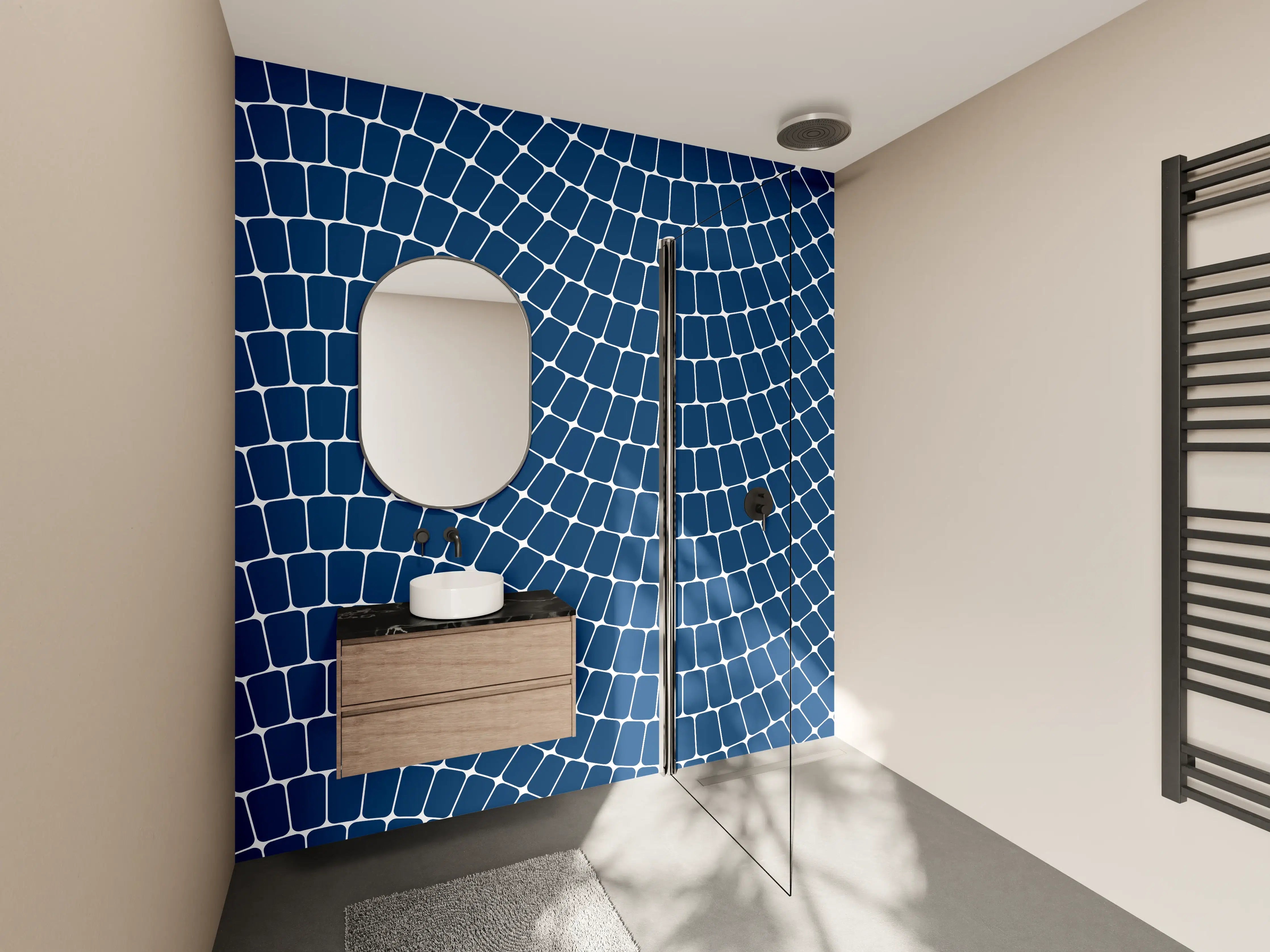 Wandverkleidung Bad - Blaue Mosaikmuster mit geometrischer Struktur