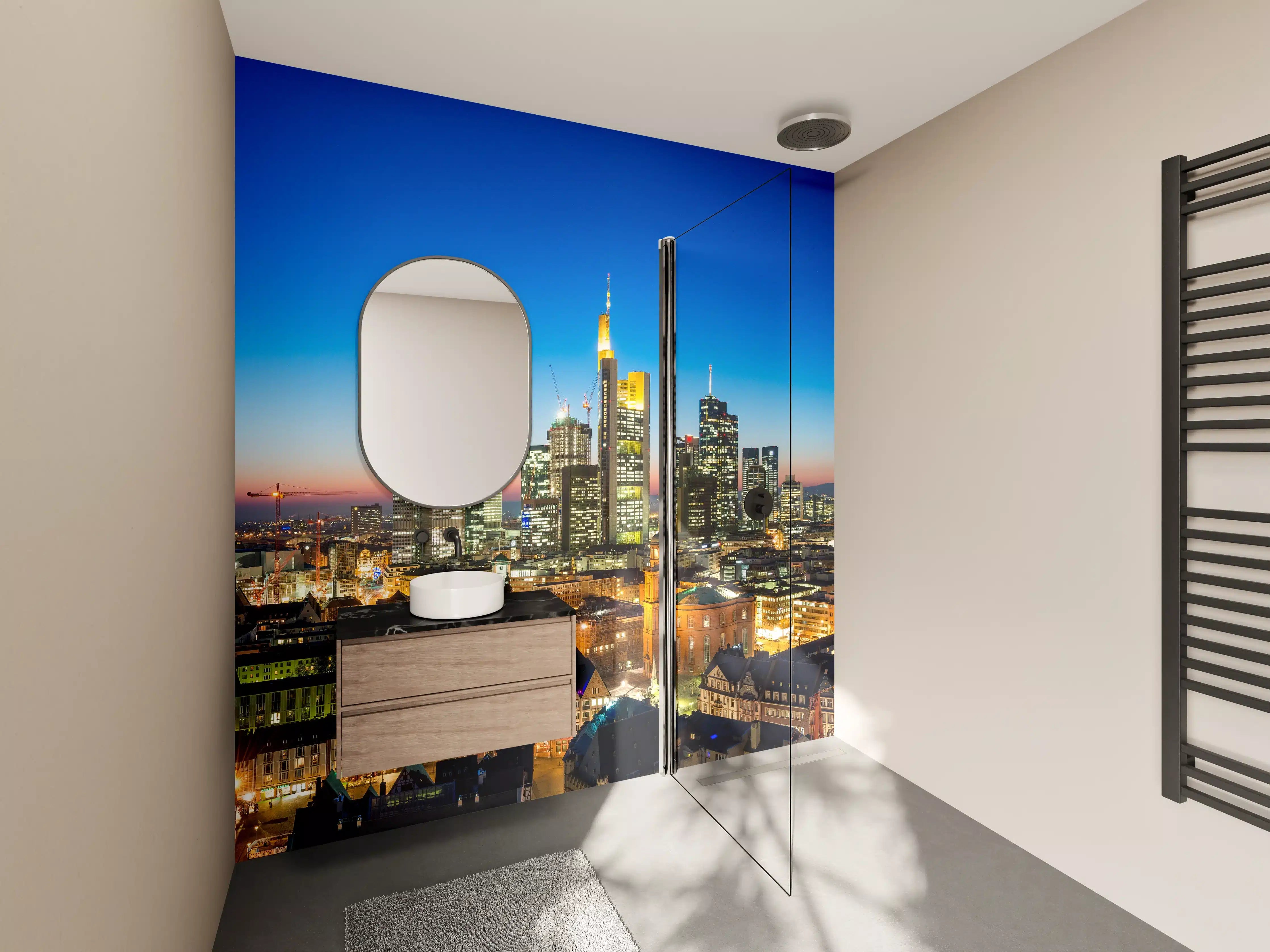 Wandverkleidung Bad - Blaue Skyline bei Abenddämmerung