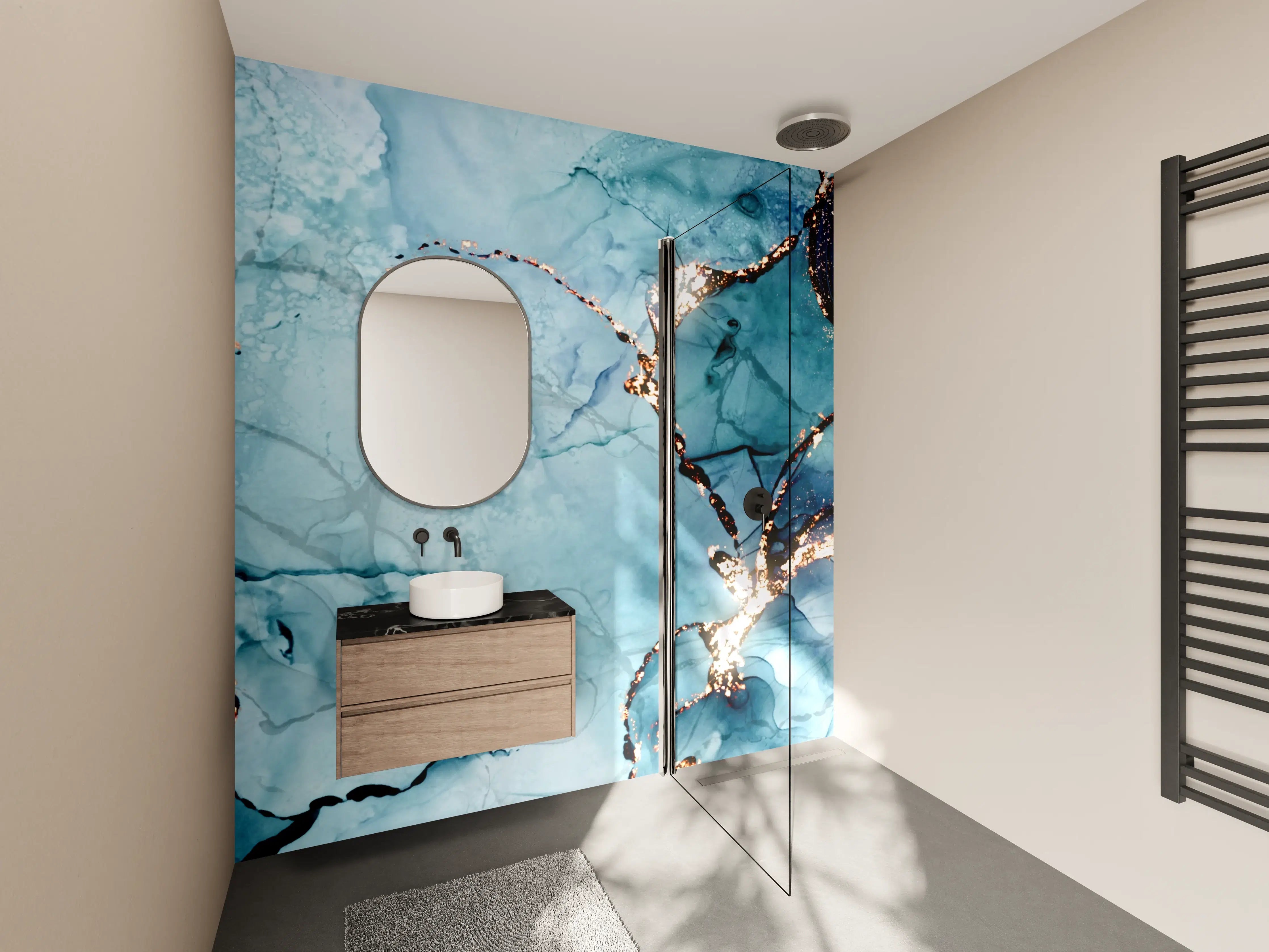 Wandverkleidung Bad - Blaue Wasserfarben mit Goldadern