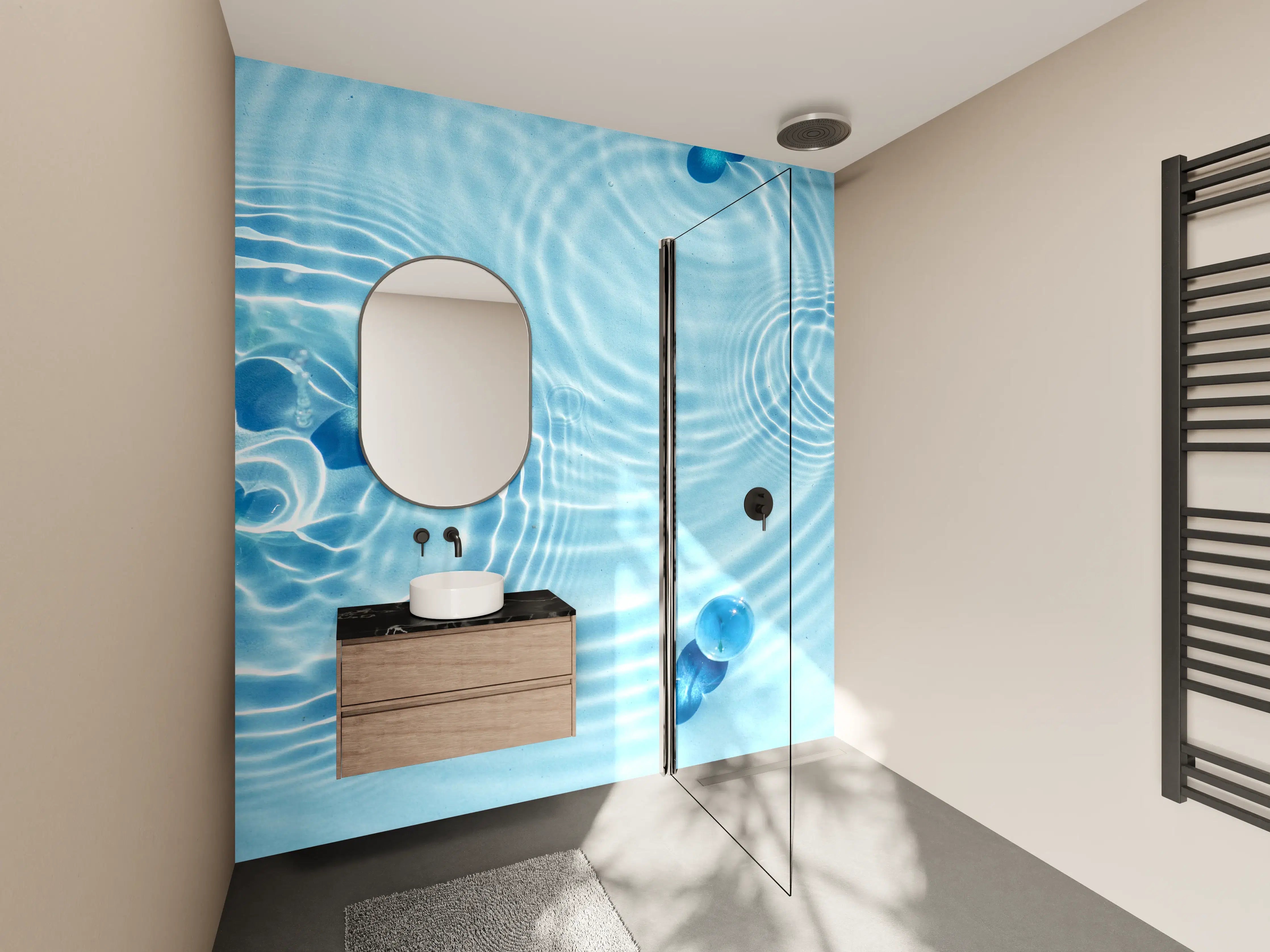 Wandverkleidung Bad - Blaue Wassertropfen mit Kreisen