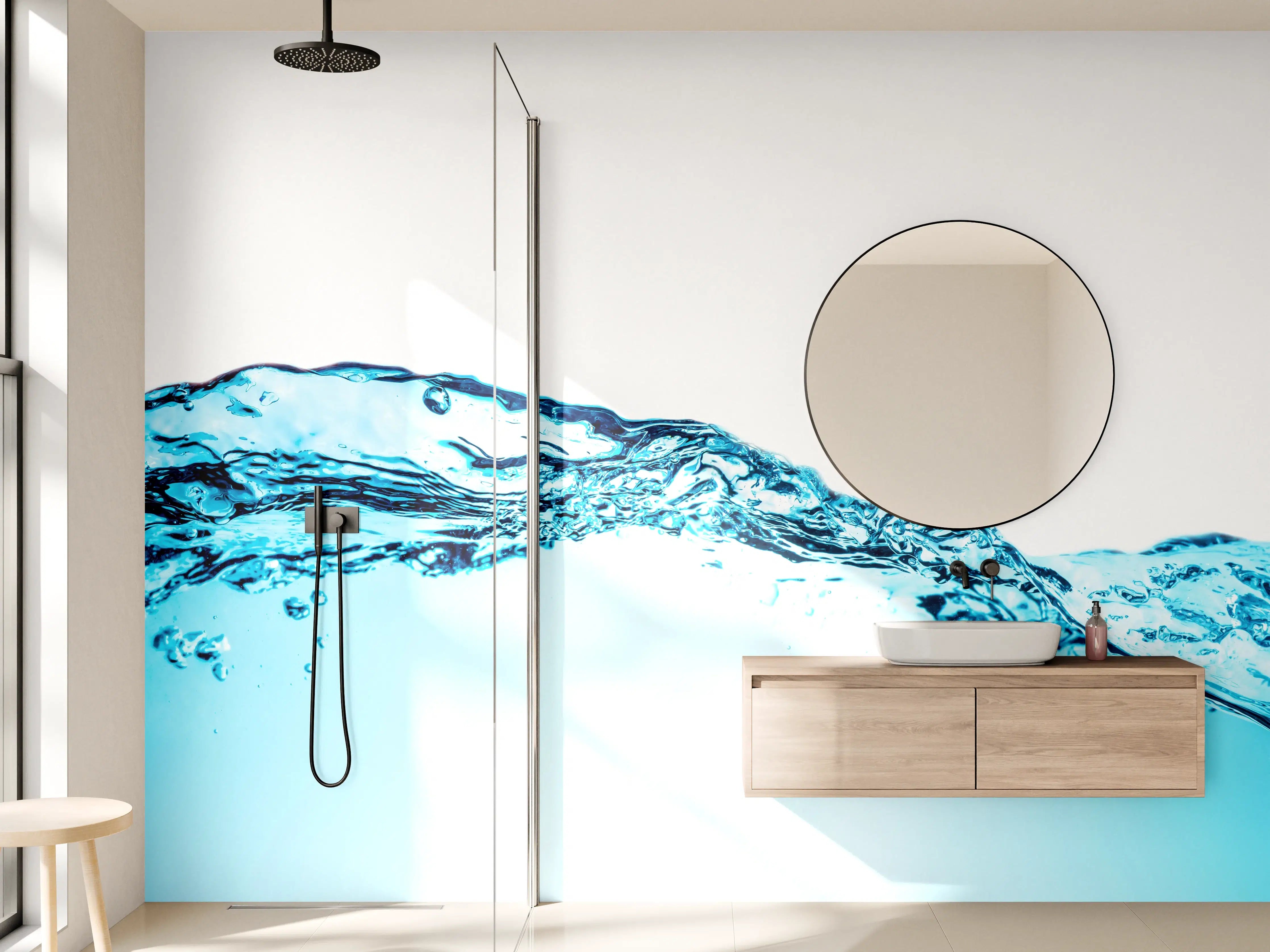 Wandverkleidung Bad - Blaue Wasserwelle mit Bläschen