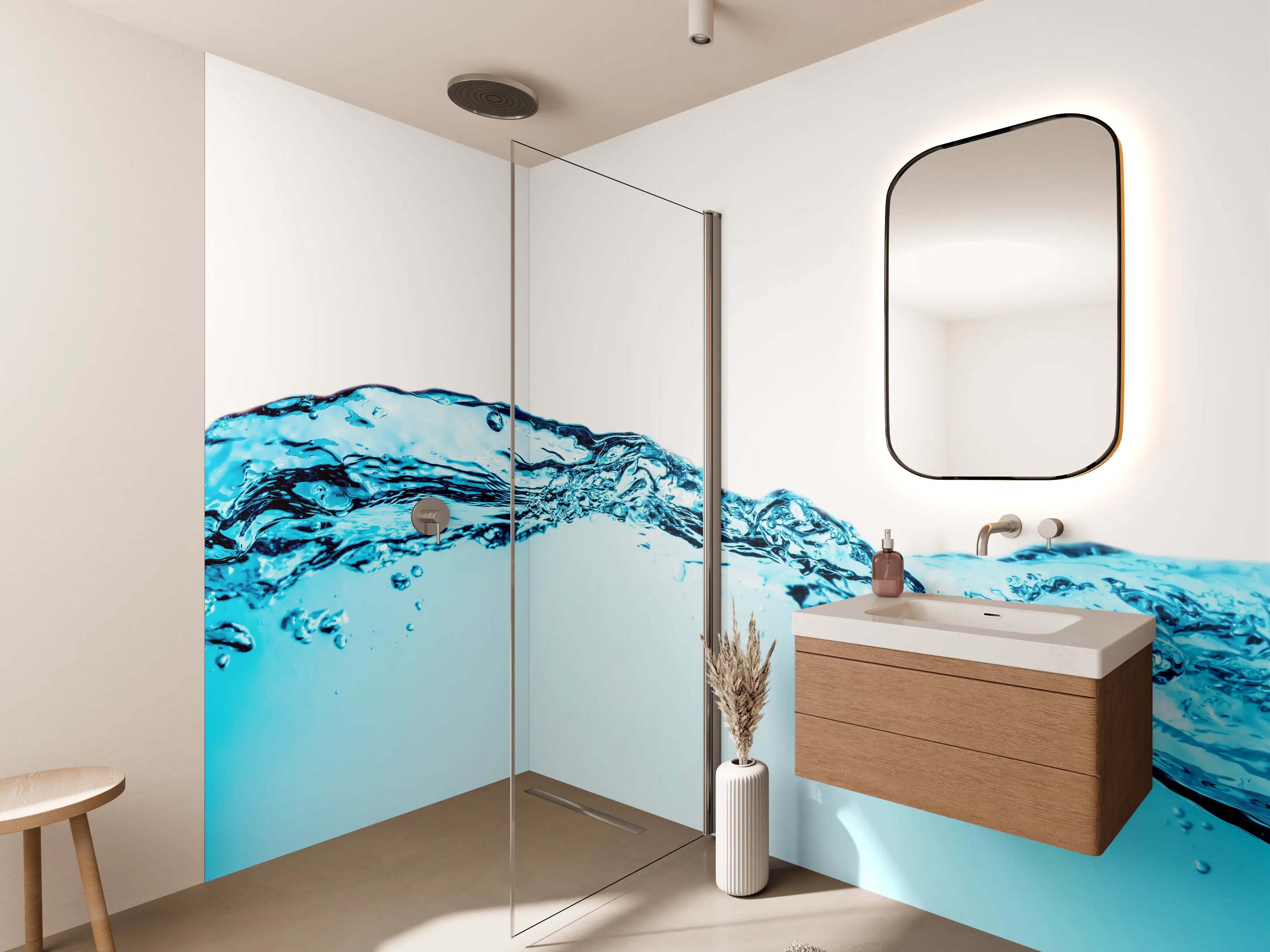 Wandverkleidung Bad - Blaue Wasserwelle mit Bläschen