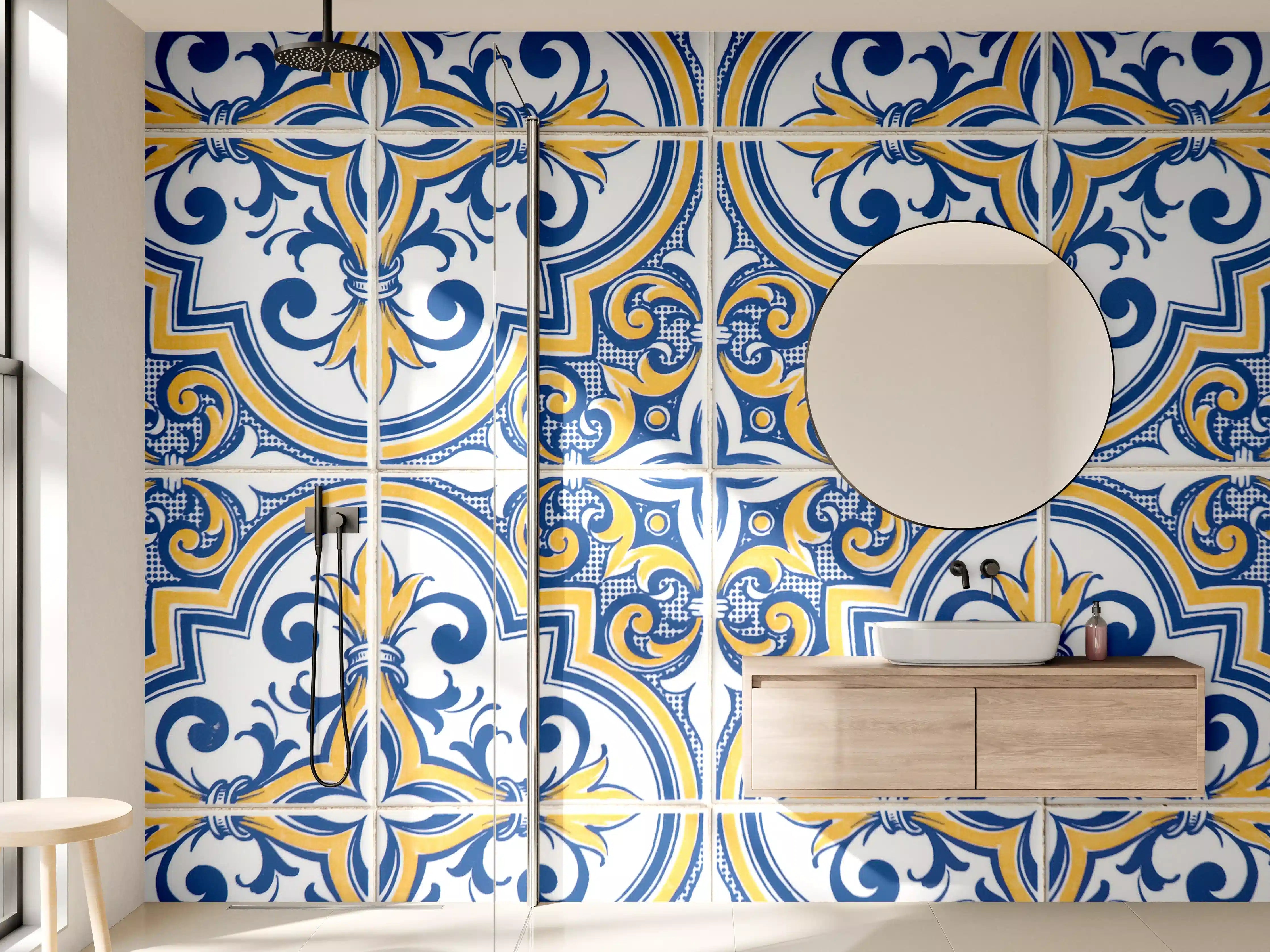 Wandverkleidung Bad - Blaue und Gelbe Kachelmuster