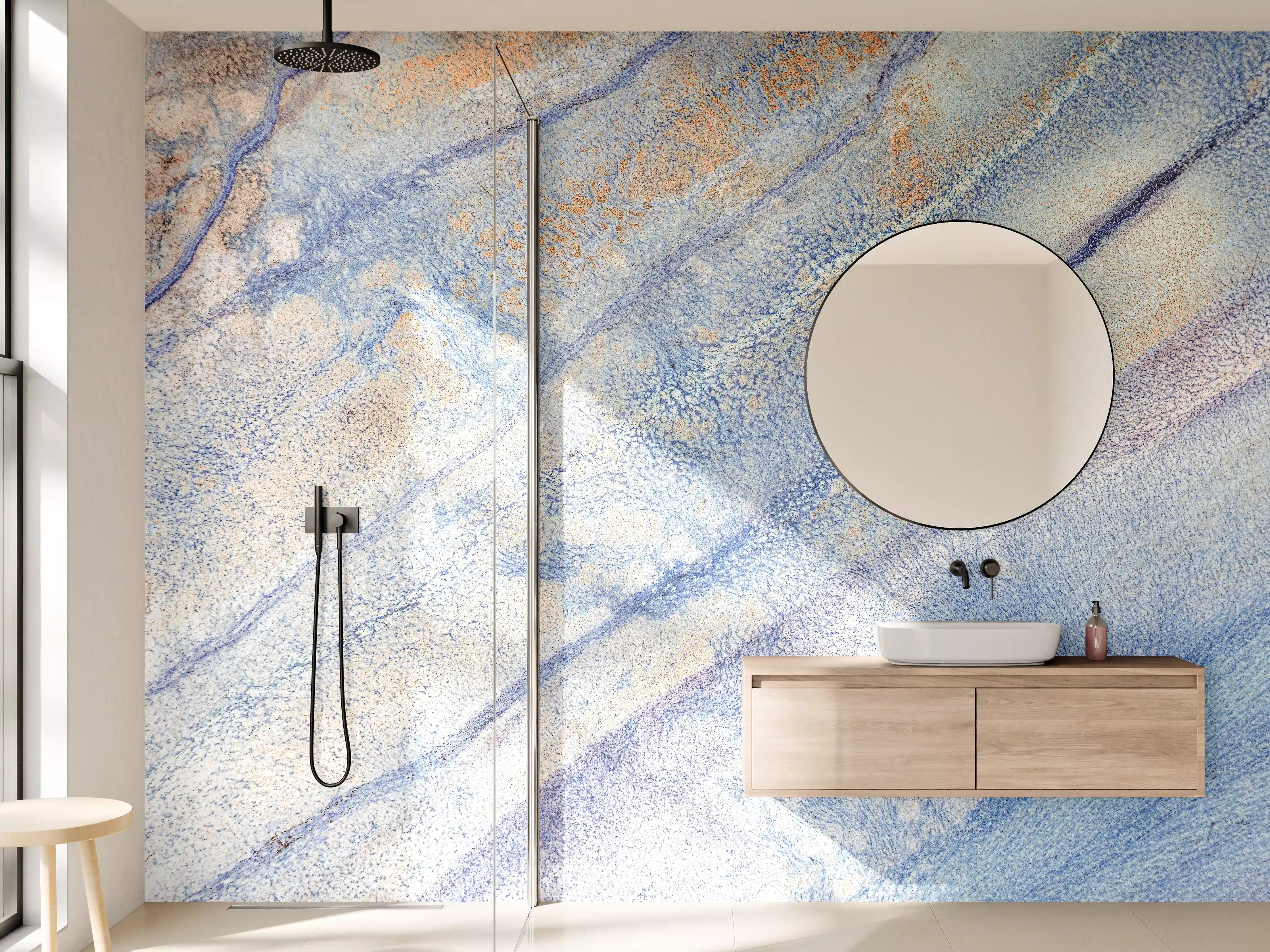 Wandverkleidung Bad - Blauer Wasserfarben-Textur mit Beige- und Orangetönen