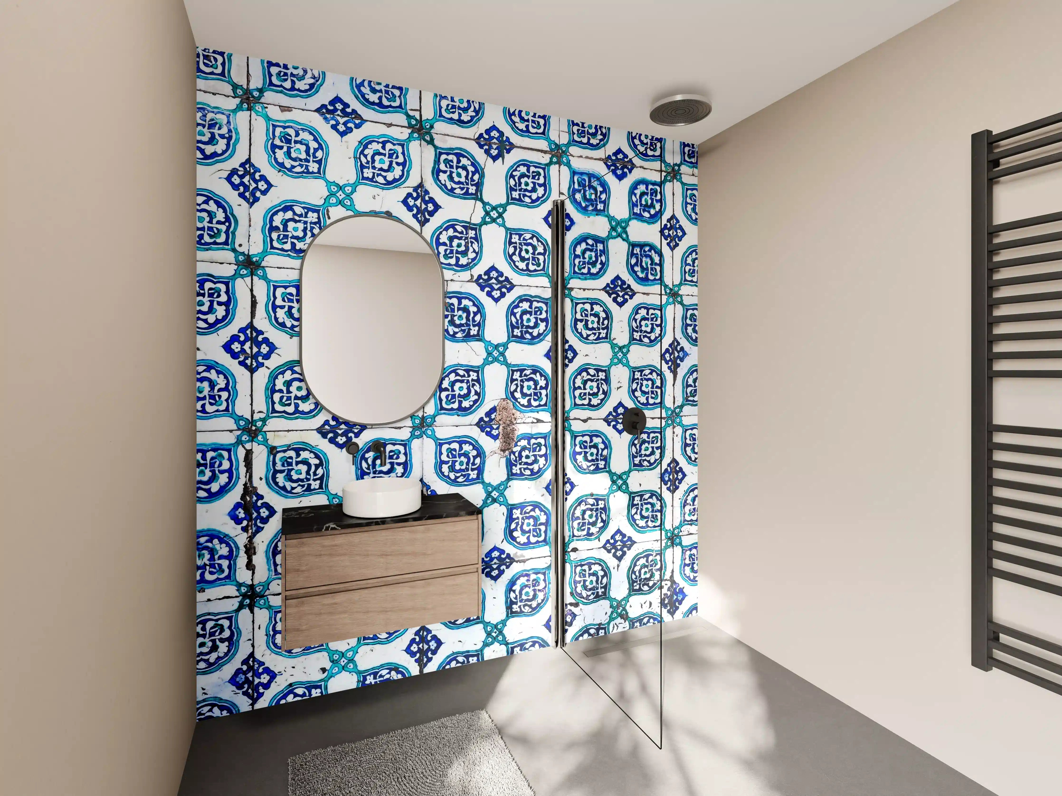 Wandverkleidung Bad - Blauer und Weißer Fliesenmuster