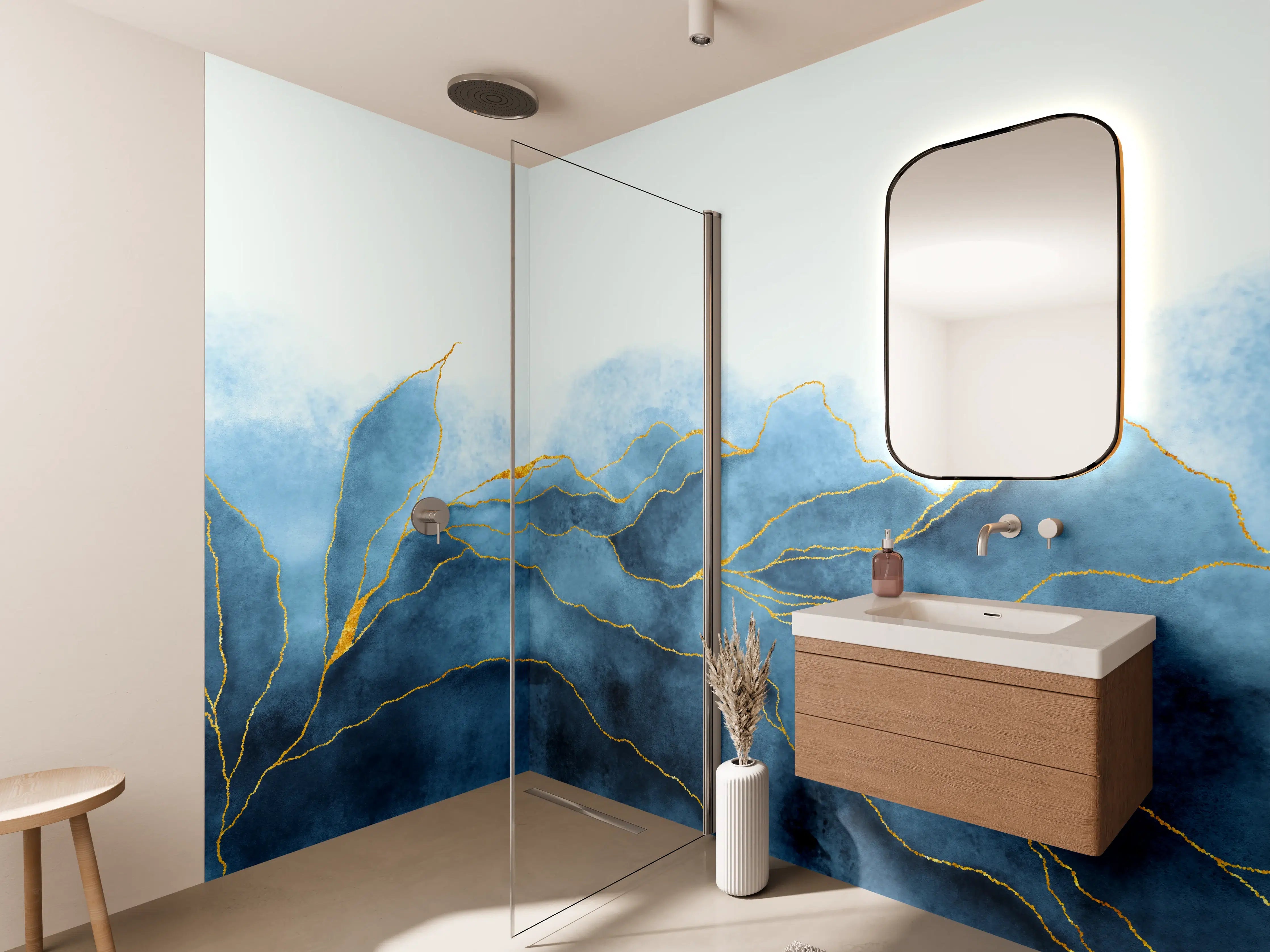 Wandverkleidung Bad - Blaues Aquarell mit Goldelementen