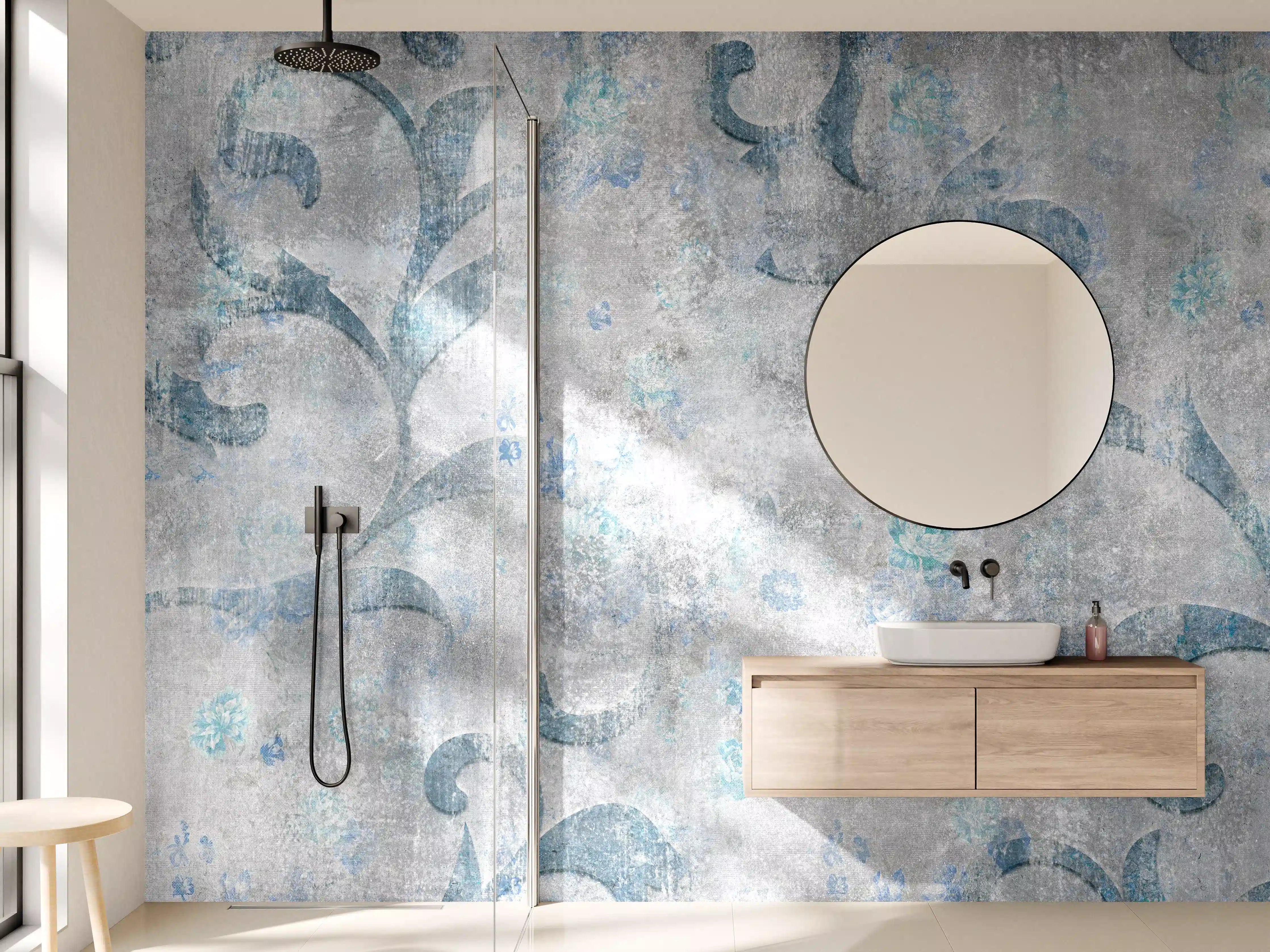 Wandverkleidung Bad - Blaues Blätter Muster - Zement