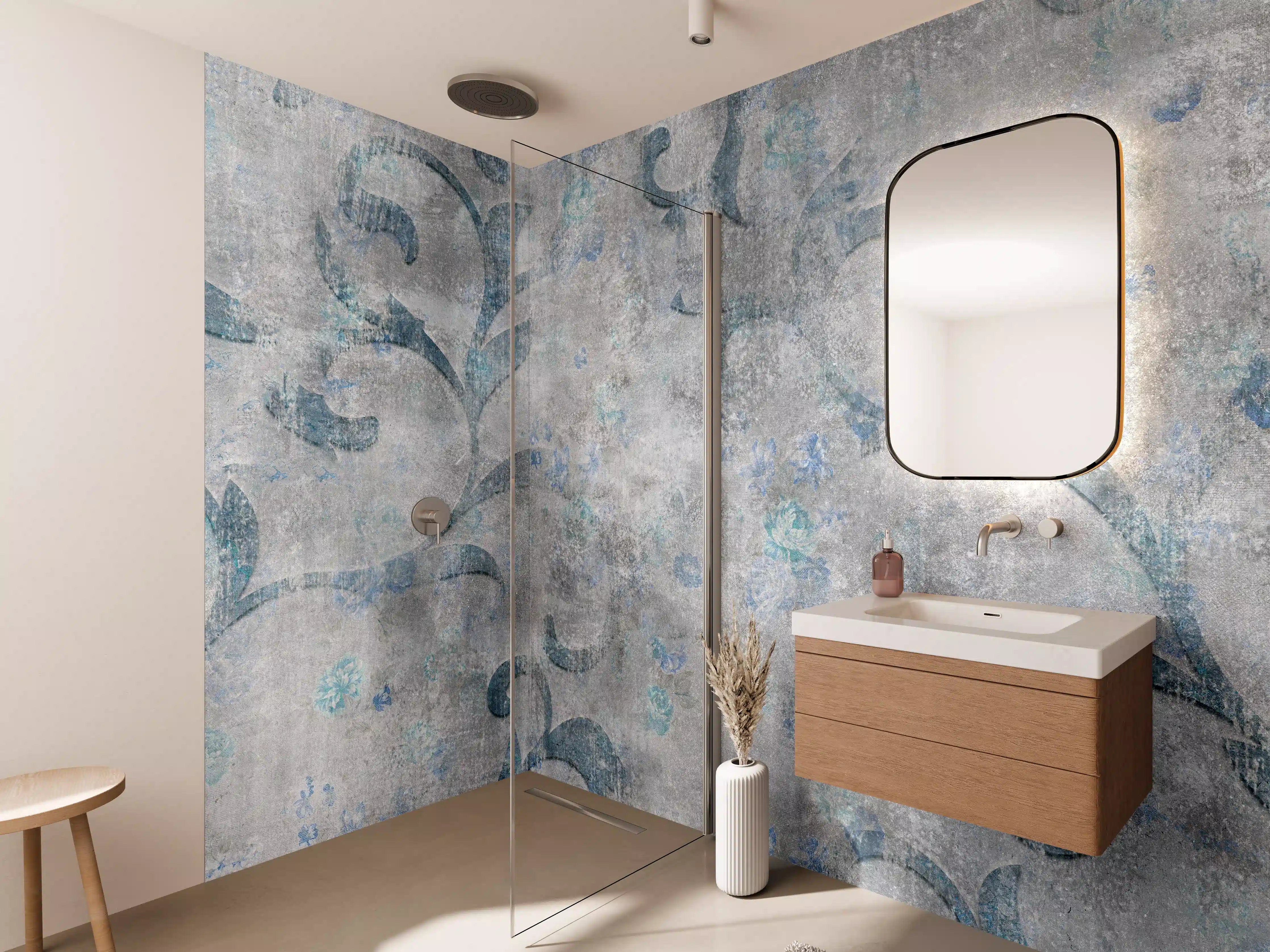 Wandverkleidung Bad - Blaues Blätter Muster - Zement