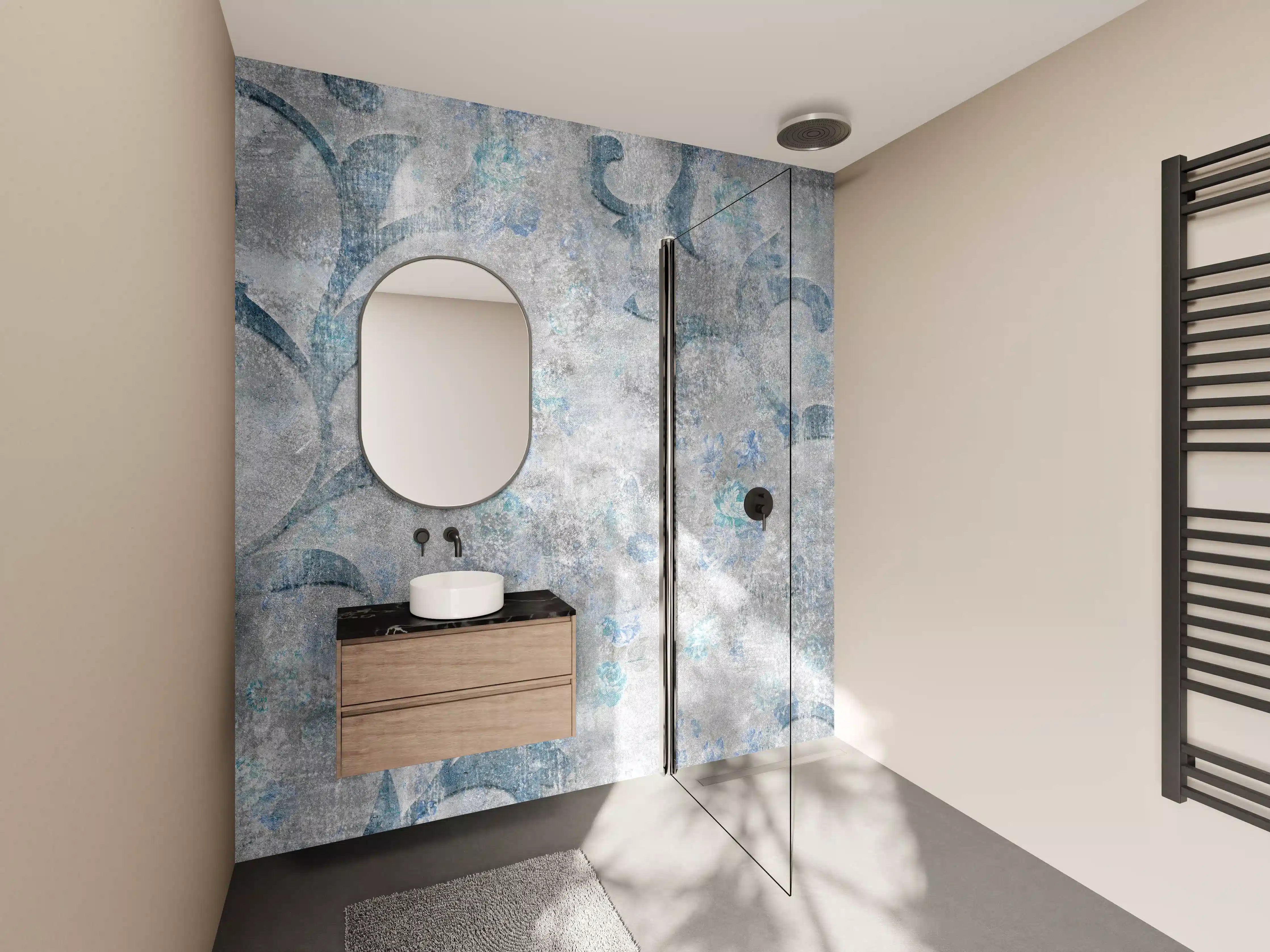 Wandverkleidung Bad - Blaues Blätter Muster - Zement