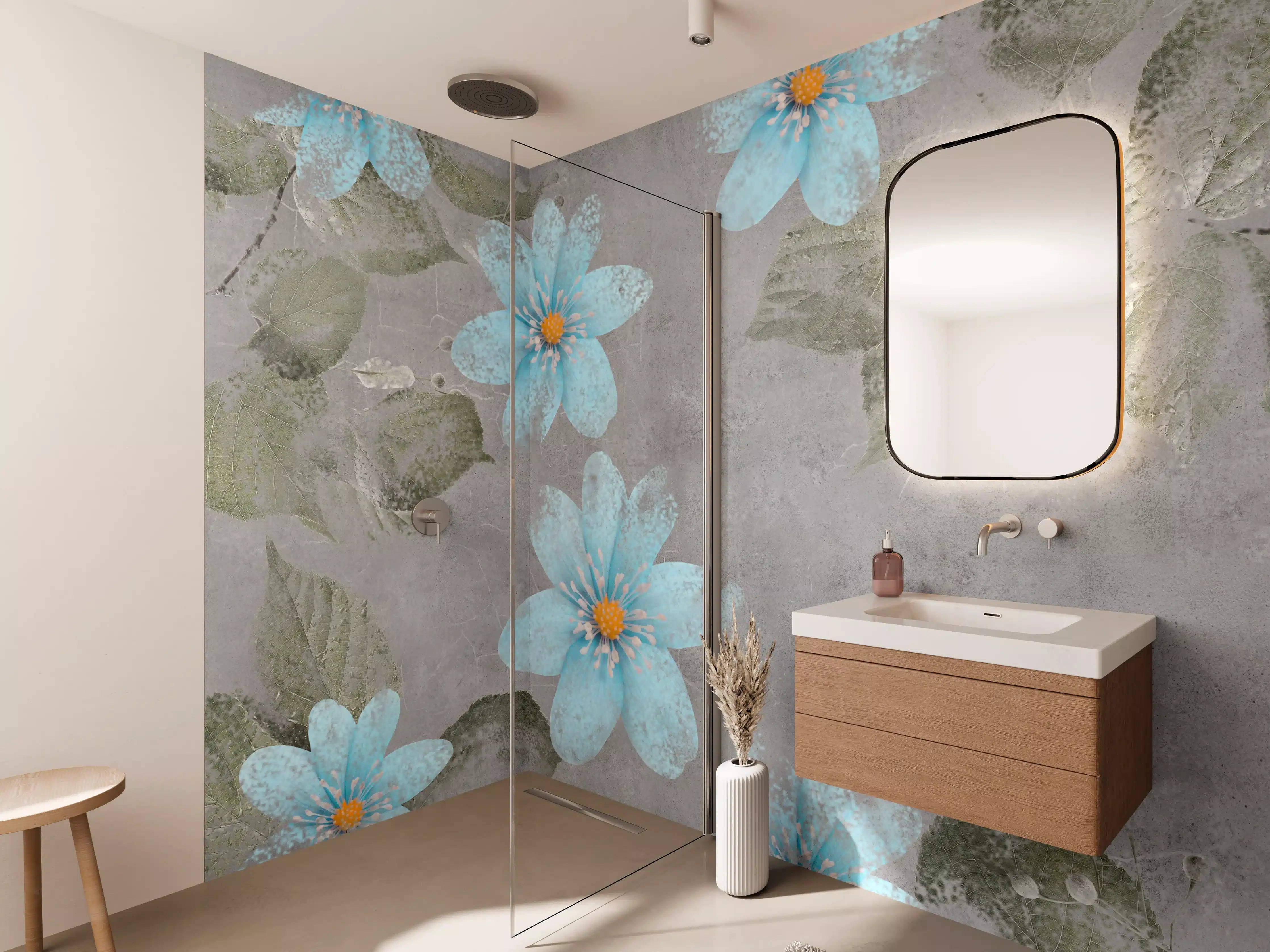 Wandverkleidung Bad - Blaues Blumenmuster - Zeichnung