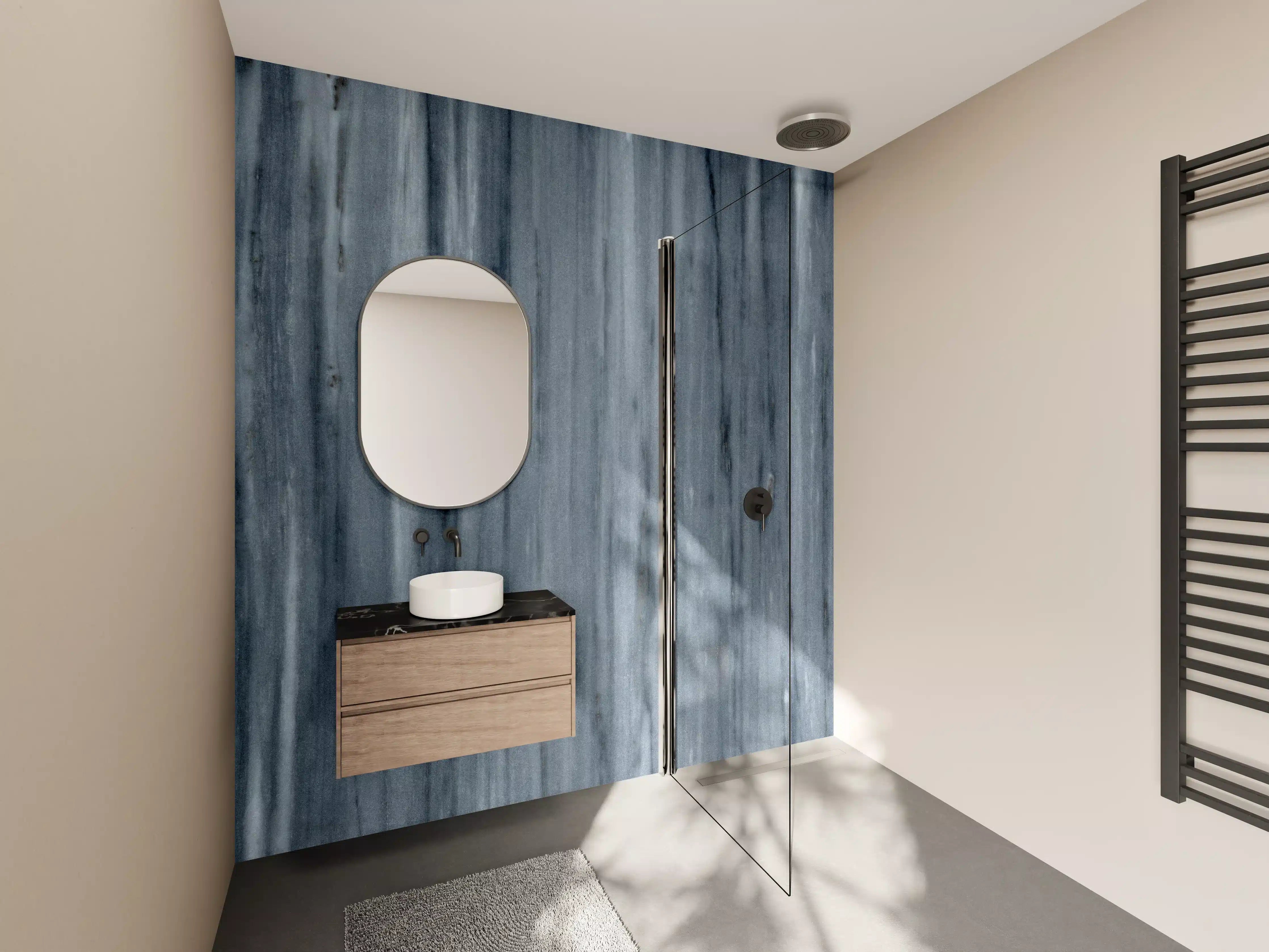 Wandverkleidung Bad - Blaues Holz mit Grauabstufungen