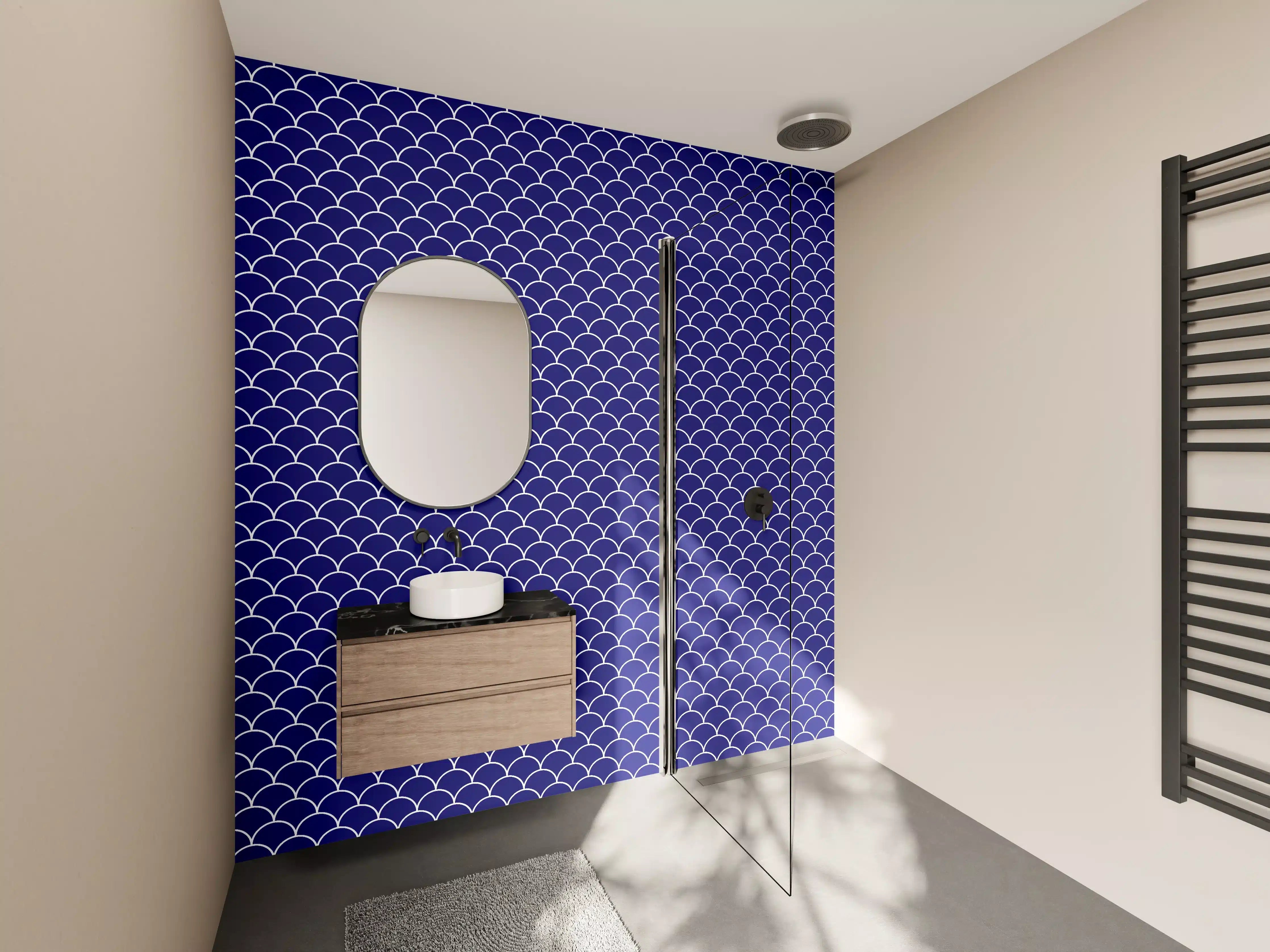 Wandverkleidung Bad - Blaues Meeresmuster mit Skalen-Design