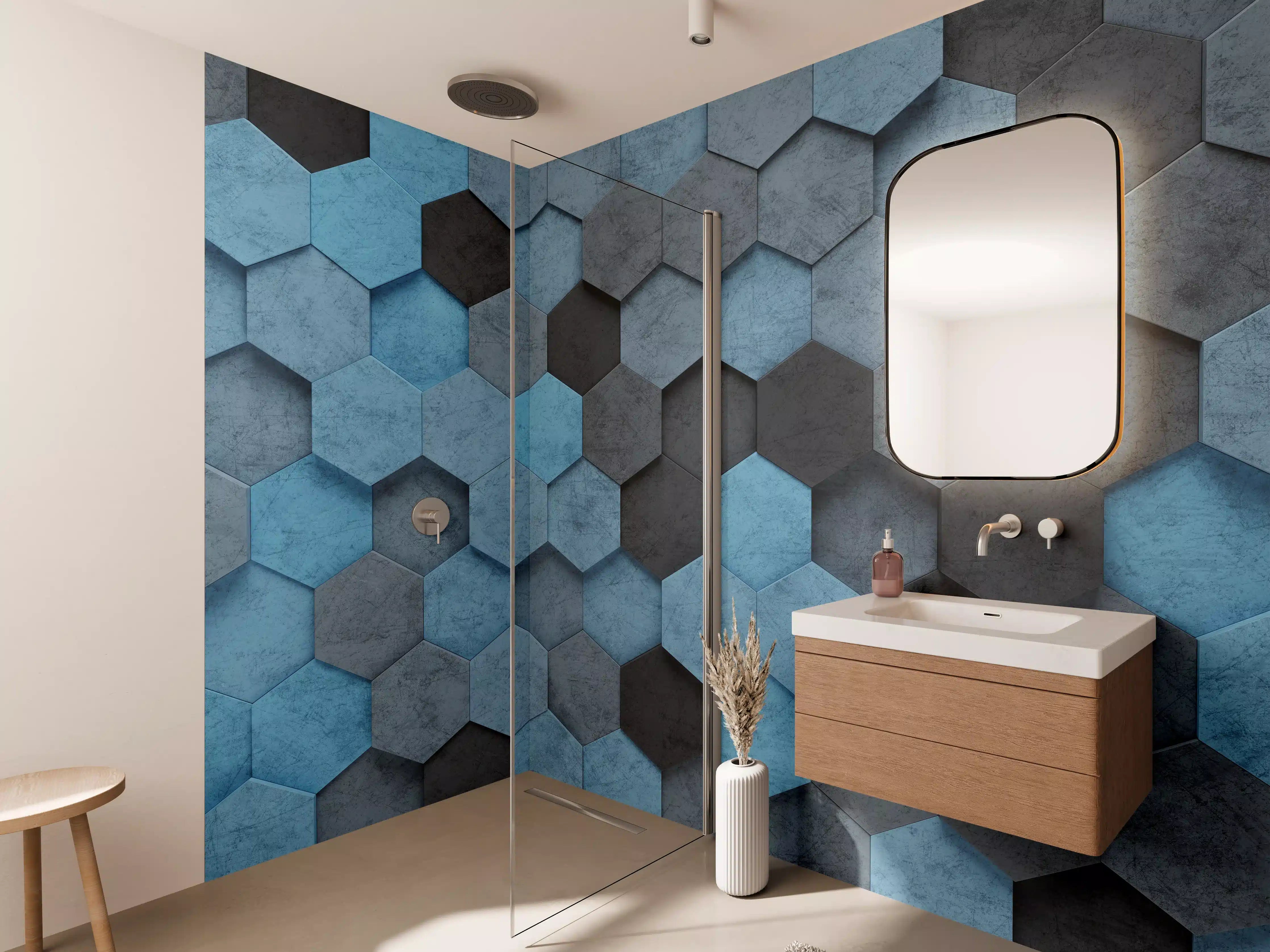 Wandverkleidung Bad - Blaues Sechseck 3D Muster