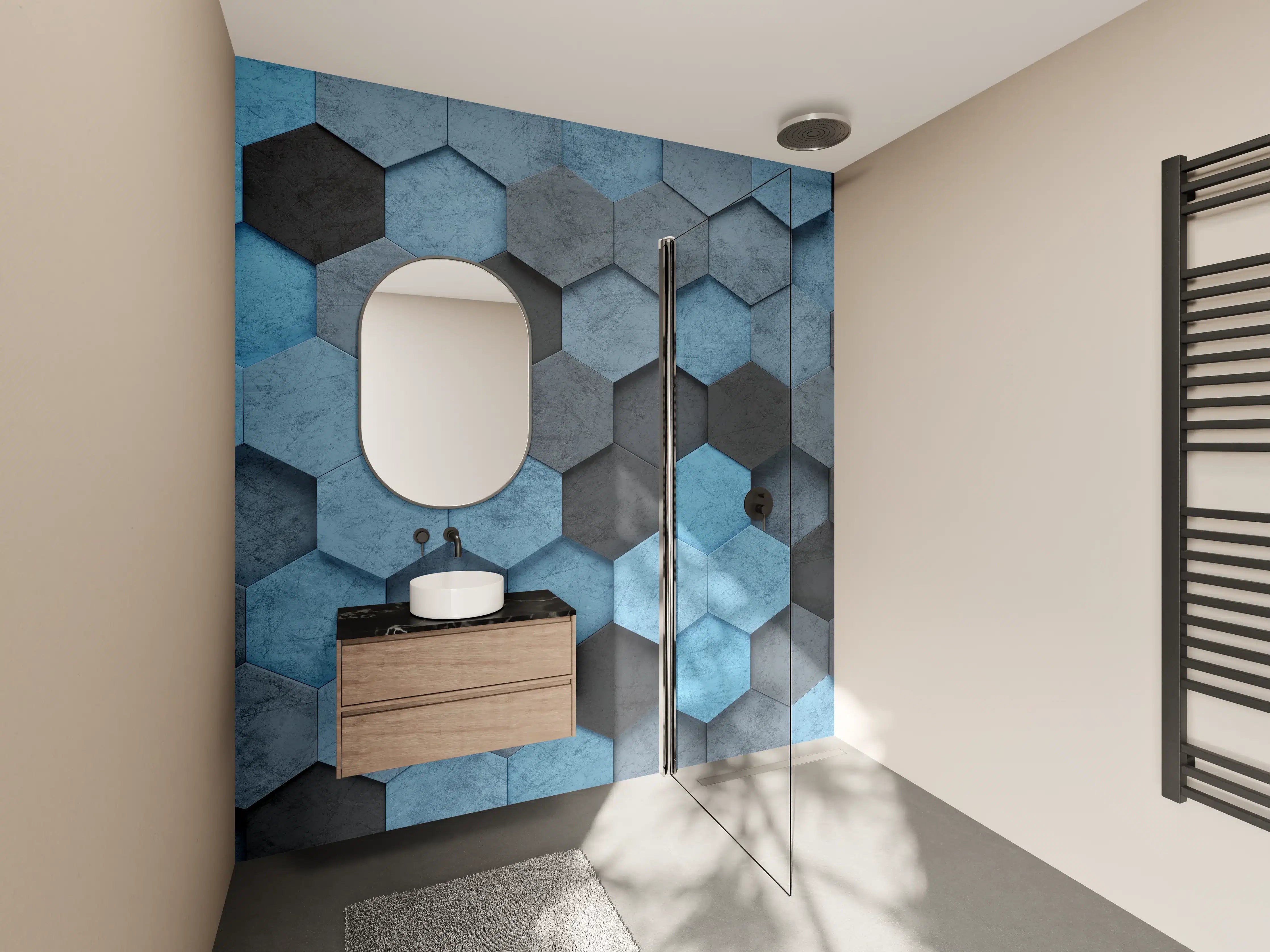 Wandverkleidung Bad - Blaues Sechseck 3D Muster
