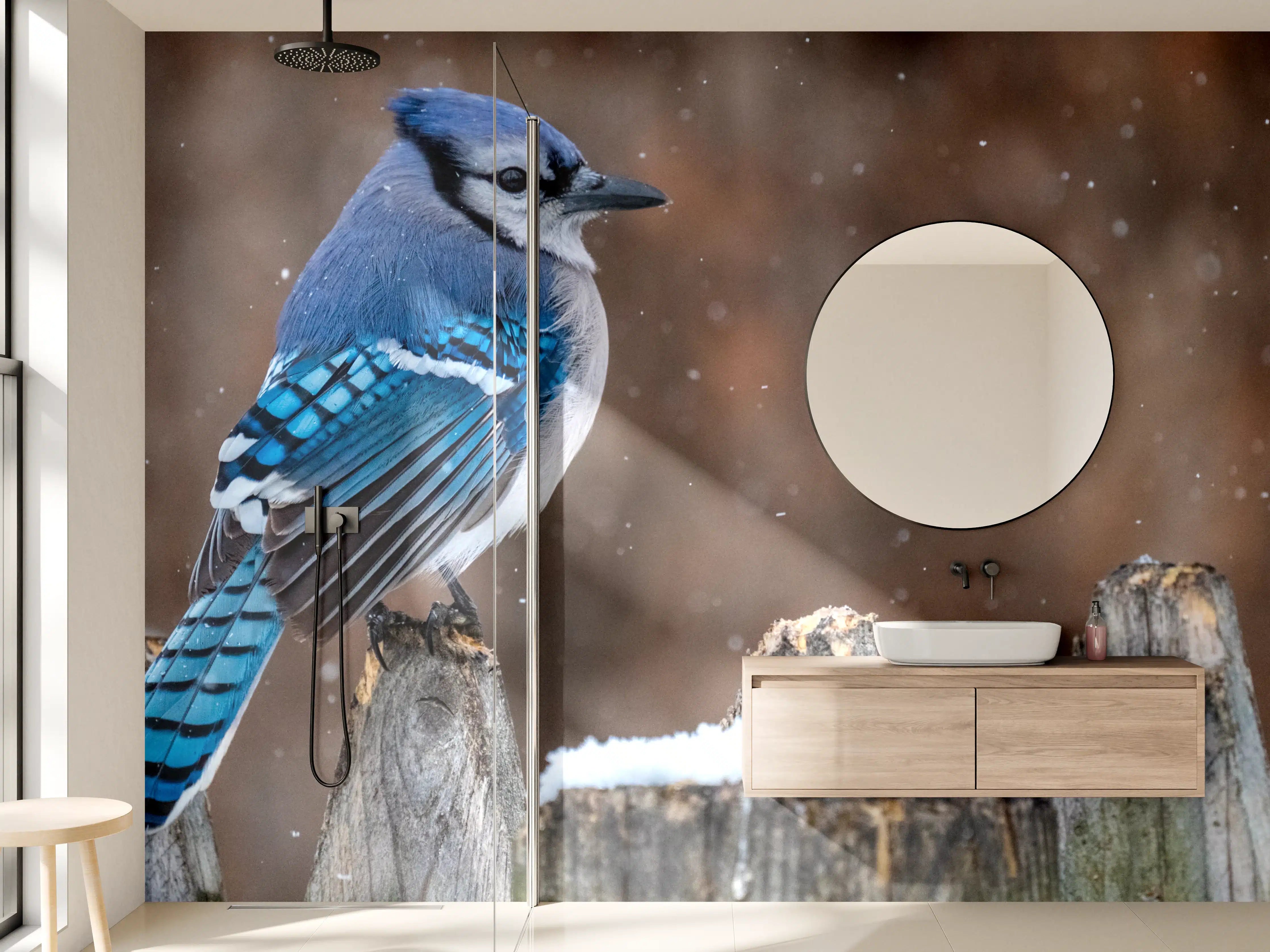 Wandverkleidung Bad - Blauhäher im Schnee