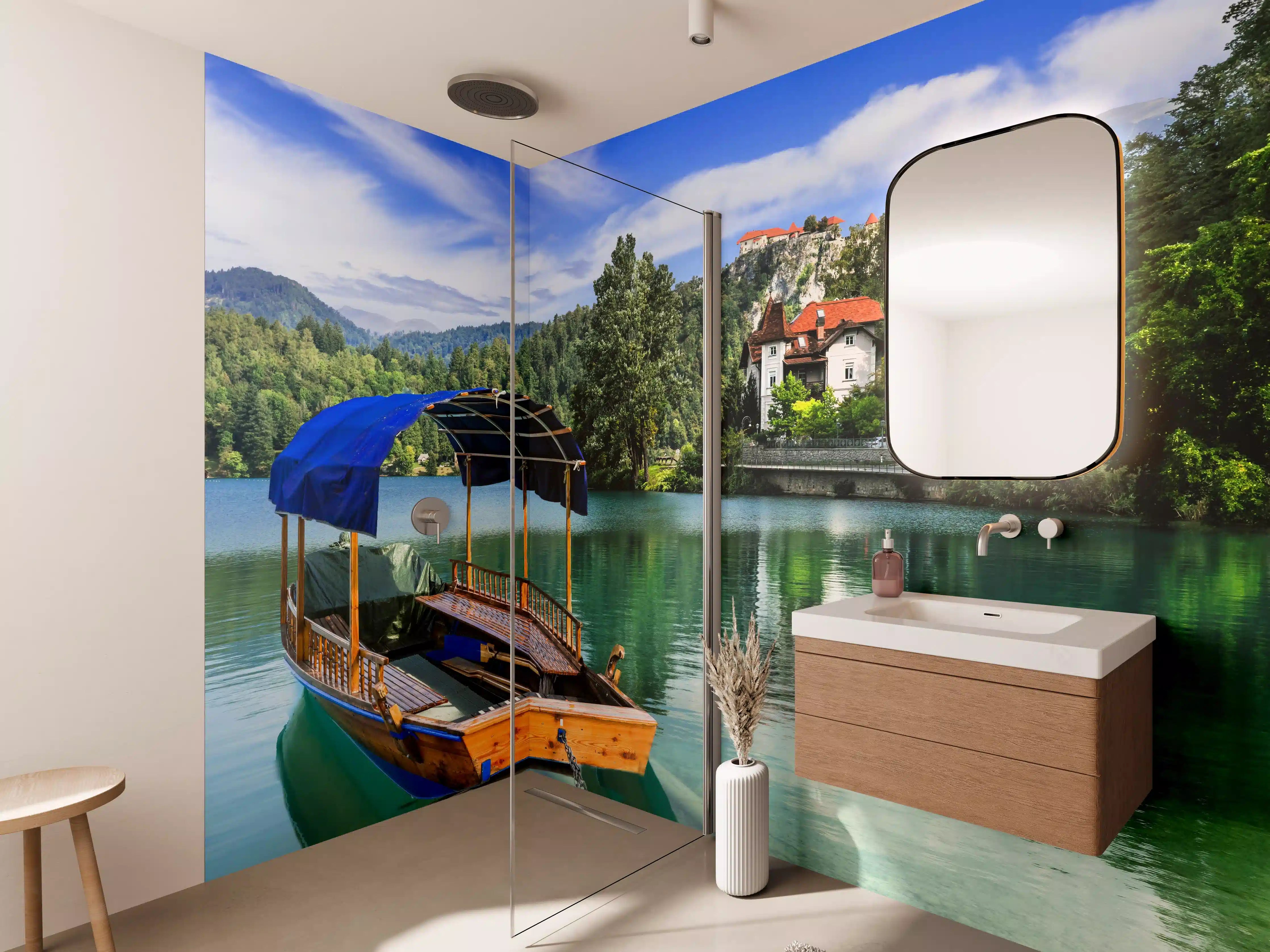 Wandverkleidung Bad - Bled See mit Holzboot