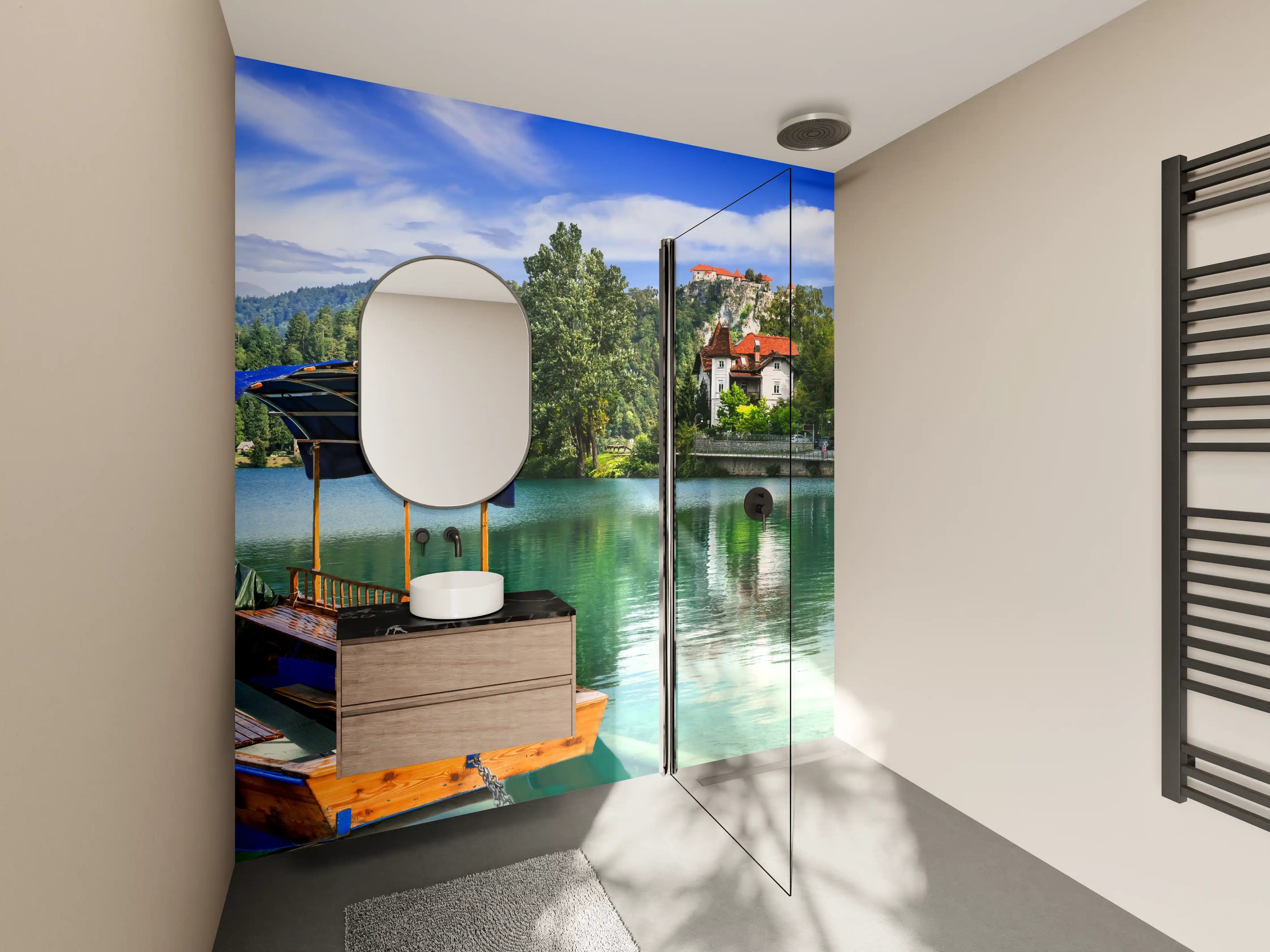 Wandverkleidung Bad - Bled See mit Holzboot