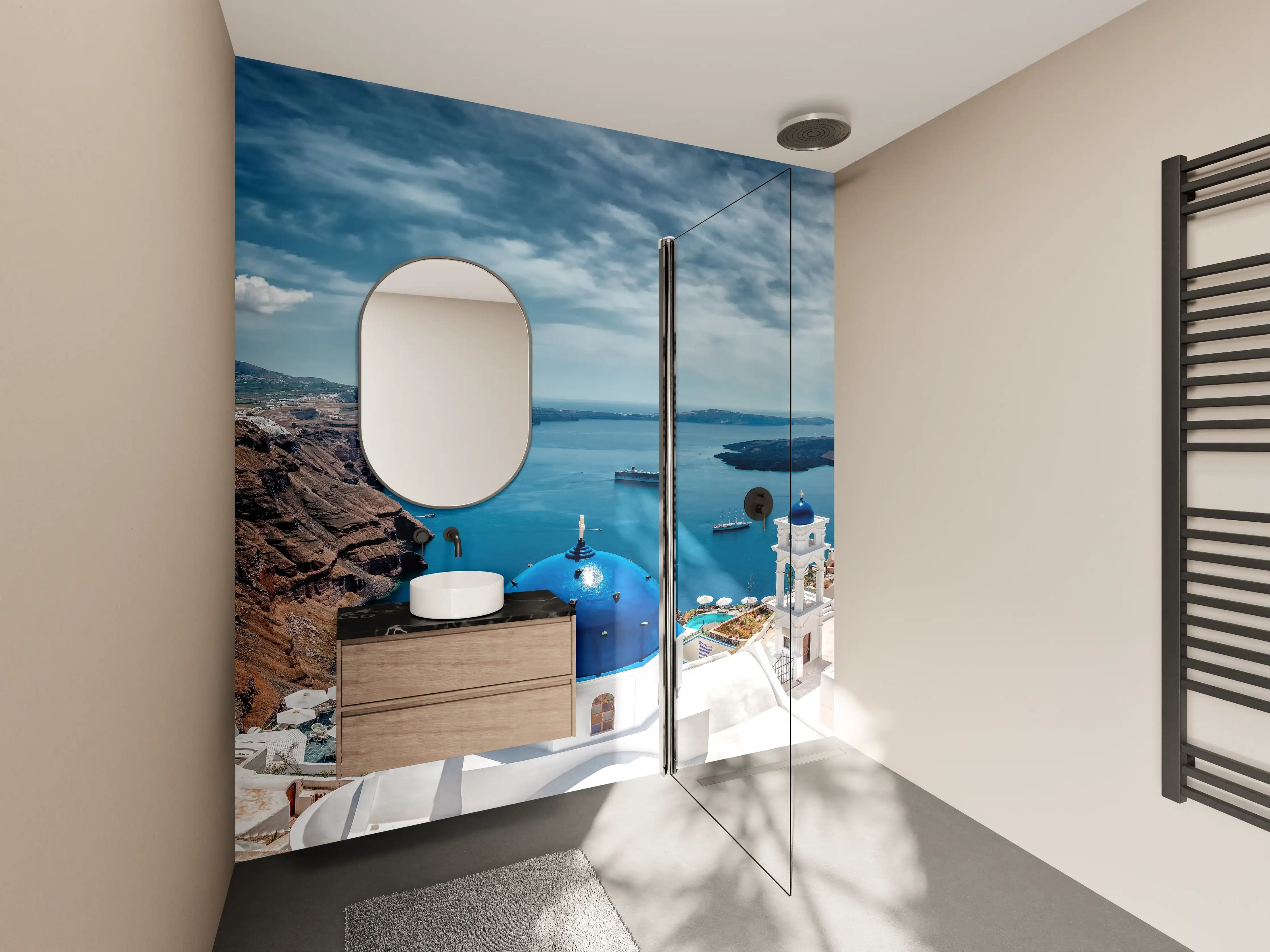 Wandverkleidung Bad - Blick auf Santorini mit blauem Dom und Meer