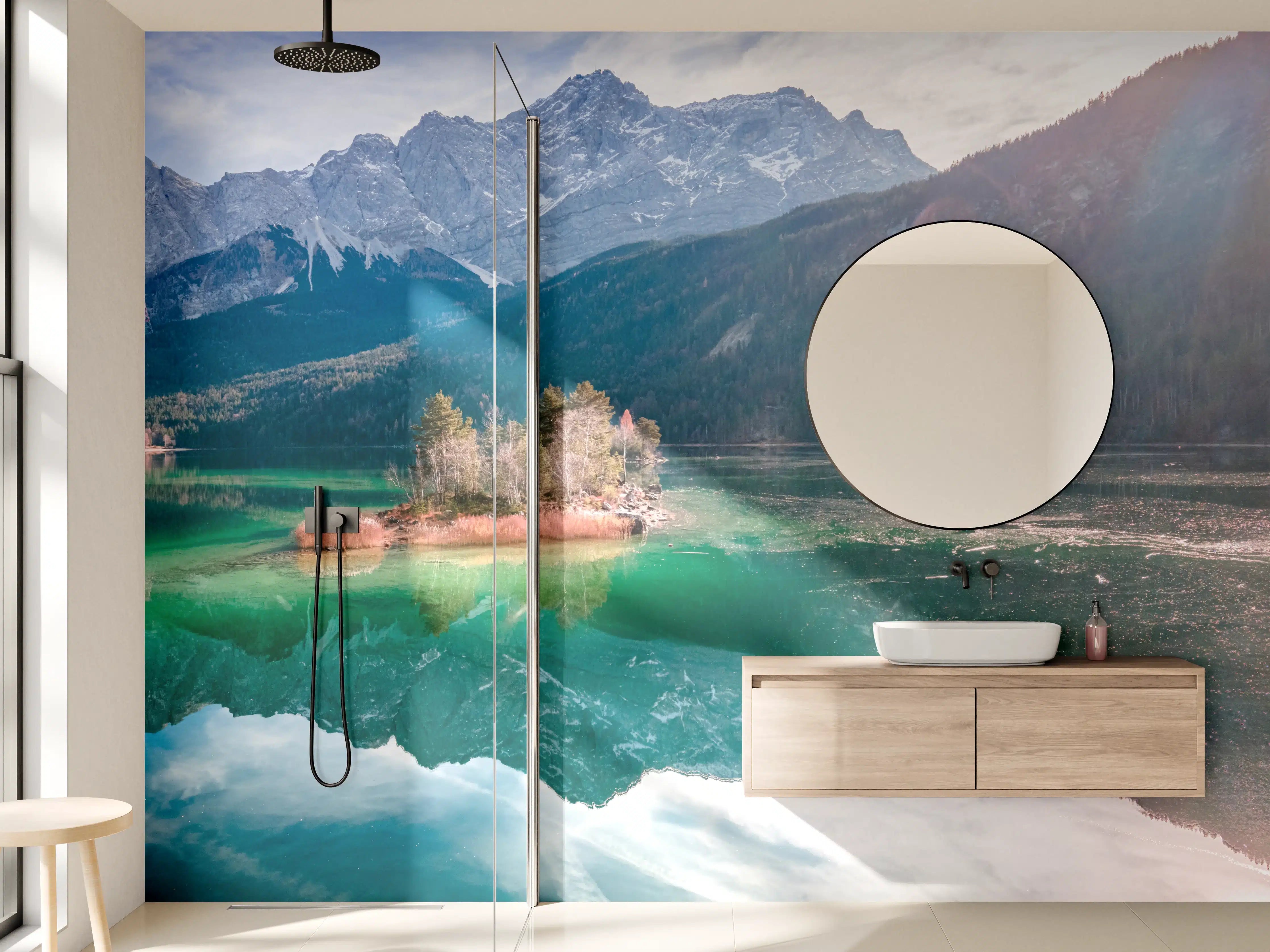 Wandverkleidung Bad - Blick auf den Eibsee mit der Zugspitze im Hintergrund