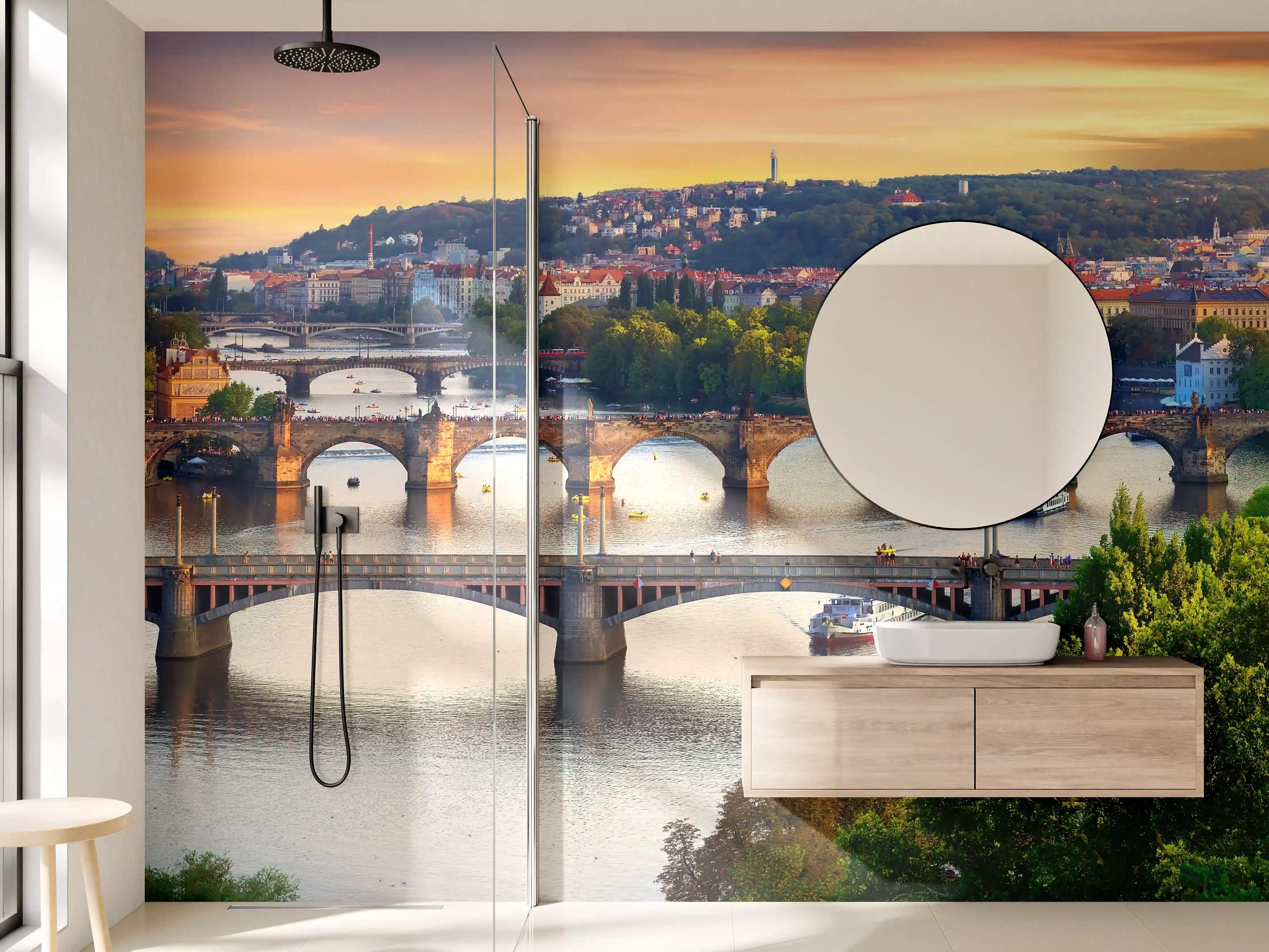 Wandverkleidung Bad - Blick auf die Altstadt und die Brücken bei Sonnenuntergang